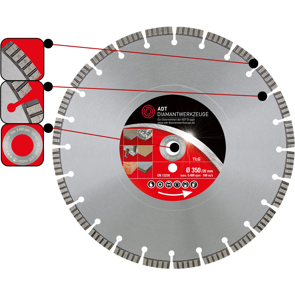 Diamante Piezas Premium Diámetro 350/20,0 mm orificio para amierten hormigón, piedra natural y artificial, cerámica, construcción material con 10 mm Segmento turbo