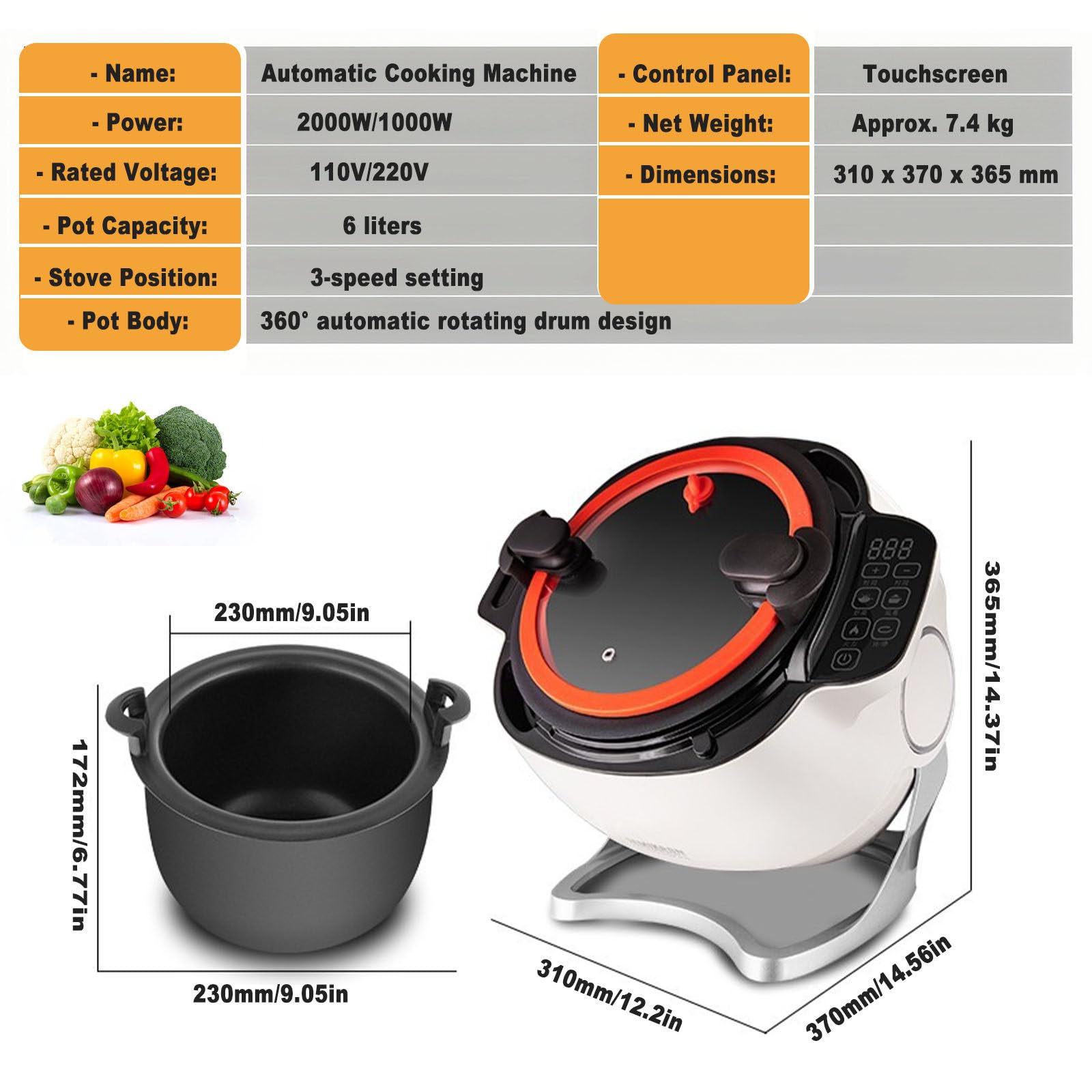 Macchina da cucina portatile, 6 l, con rotazione a 360°, 3 impostazioni di velocità, avvio intelligente con un clic per mescolare e cuocere in umido