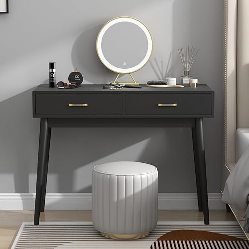 Escritorio pequeño negro con cajones, escritorio de 40 pulgadas para oficina en casa, escritorio de tocador con patas de madera maciza para espacios