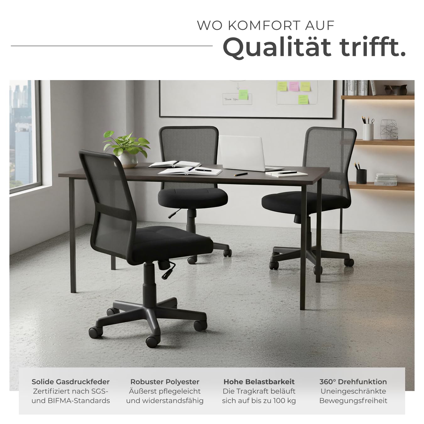 tectake® ergonomischer Bürostuhl, Schreibtischstuhl mit Rollen, Drehstuhl, Gaming Stuhl, Office Chair, Drehsessel, Möbel für Arbeitszimmer, und Jugenzimmer, PC, Computertisch - schwarz