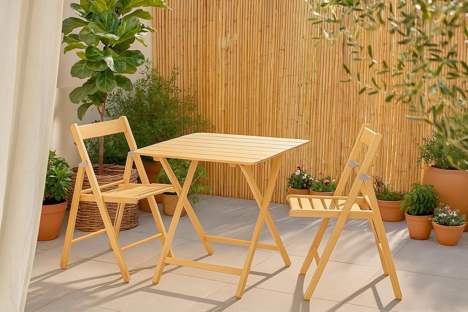 PALUPLUS Set Tavolo Pieghevole con 2 Sedie in Legno di Faggio color Naturale, Misura Tavolino 80x60x72 cm, Sedie Richiudibili con comoda seduta, Arredo per Terrazzo, Esterno -269C/696C-17