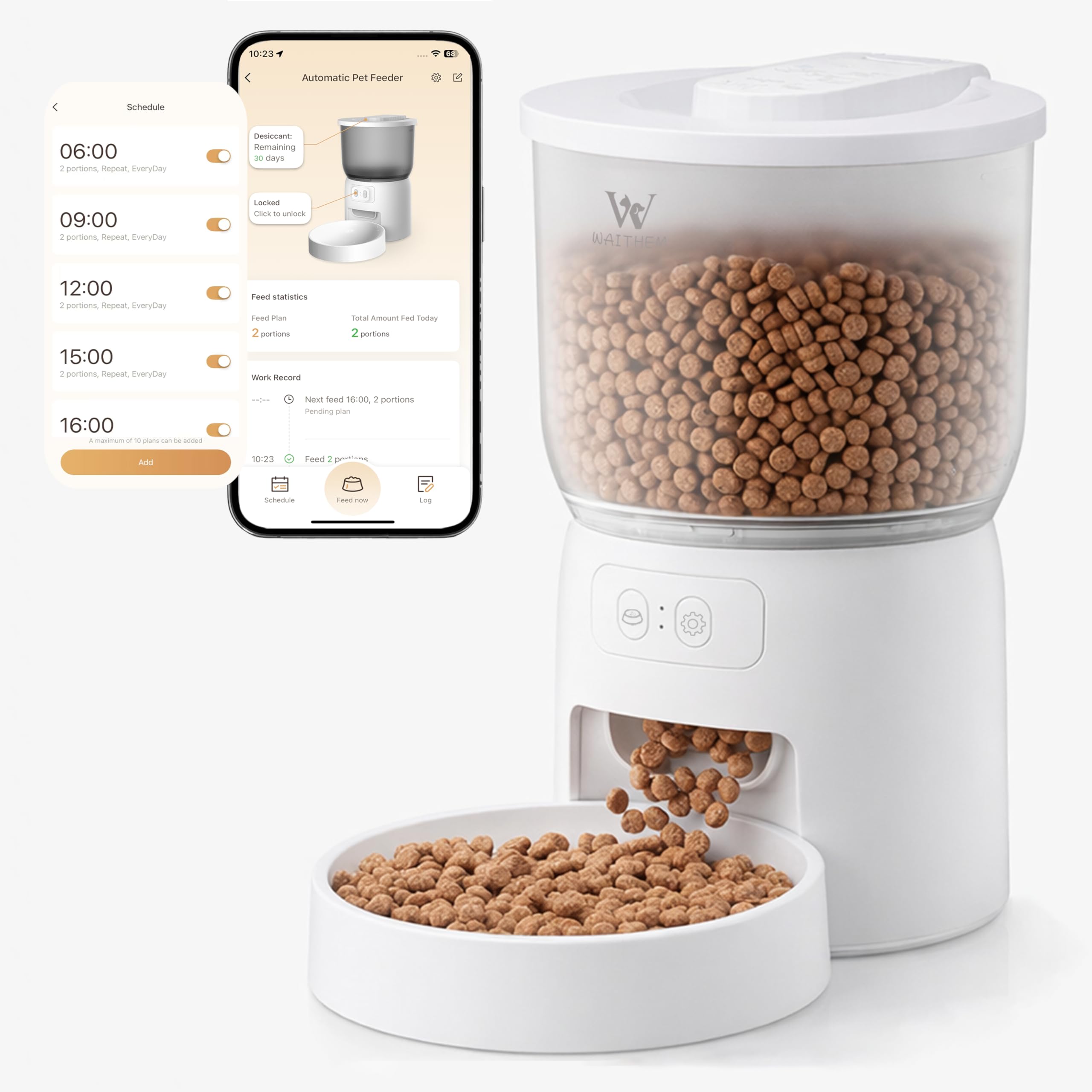 Waithem Wi-Fi Automatic Pet Feeder, Timed Dry Food Dispenser with App Programmable Portion Control, Up to 10 Meals Per Day, Dual Power Supply, for Cats and Small Dogs