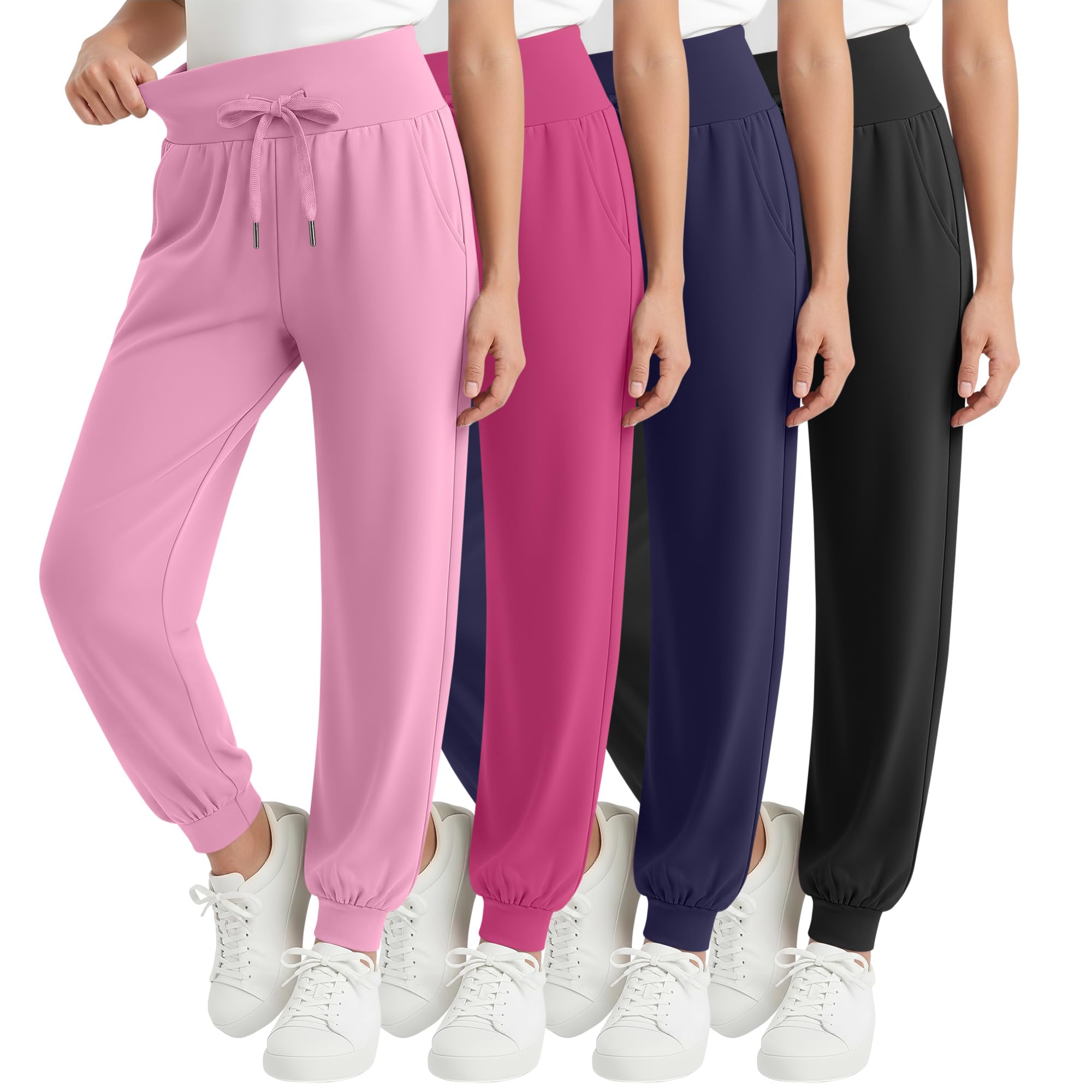 4 Pack Girls' School Joggers Sweatpants 5-14 Years | Kids Yoga Pants with Pockets, Baggy High Wide Waist Trousers with Drawstring, Casual Uniform Bottom, Youth Athletic Clothes