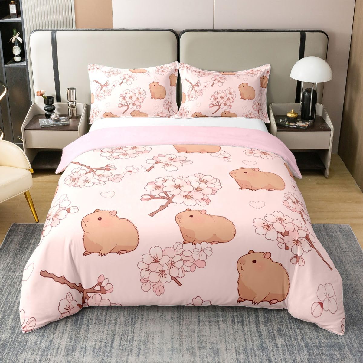 Housse de Couette 140x200 Coton Enfant Capybara Homewish Parure Lit Rose