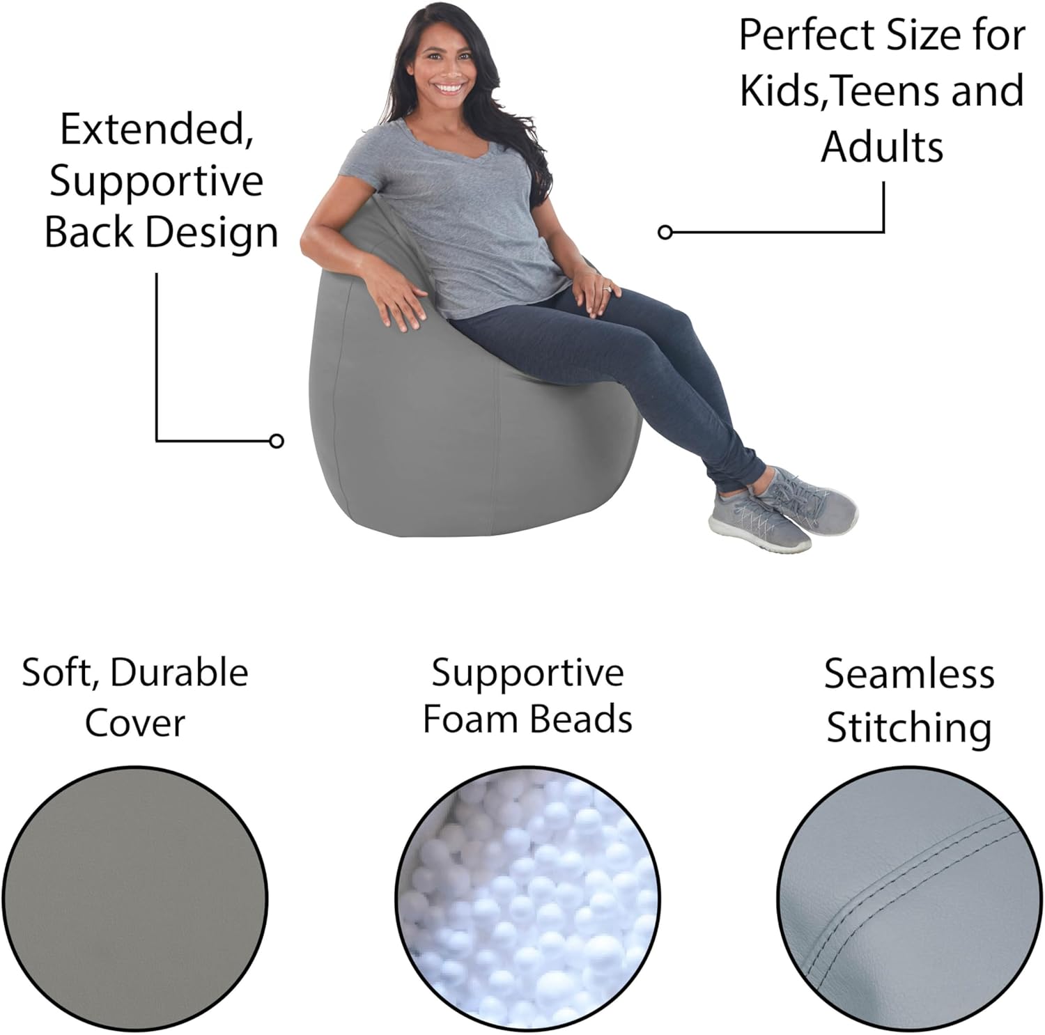 FDP SoftScape Dew Drop Bean Bag Chair with Supportive High-Back Design, For Kids, Teens and Adults, Alternative Seating for Dorms, Schools, Libraries, Daycares or Home - Gray