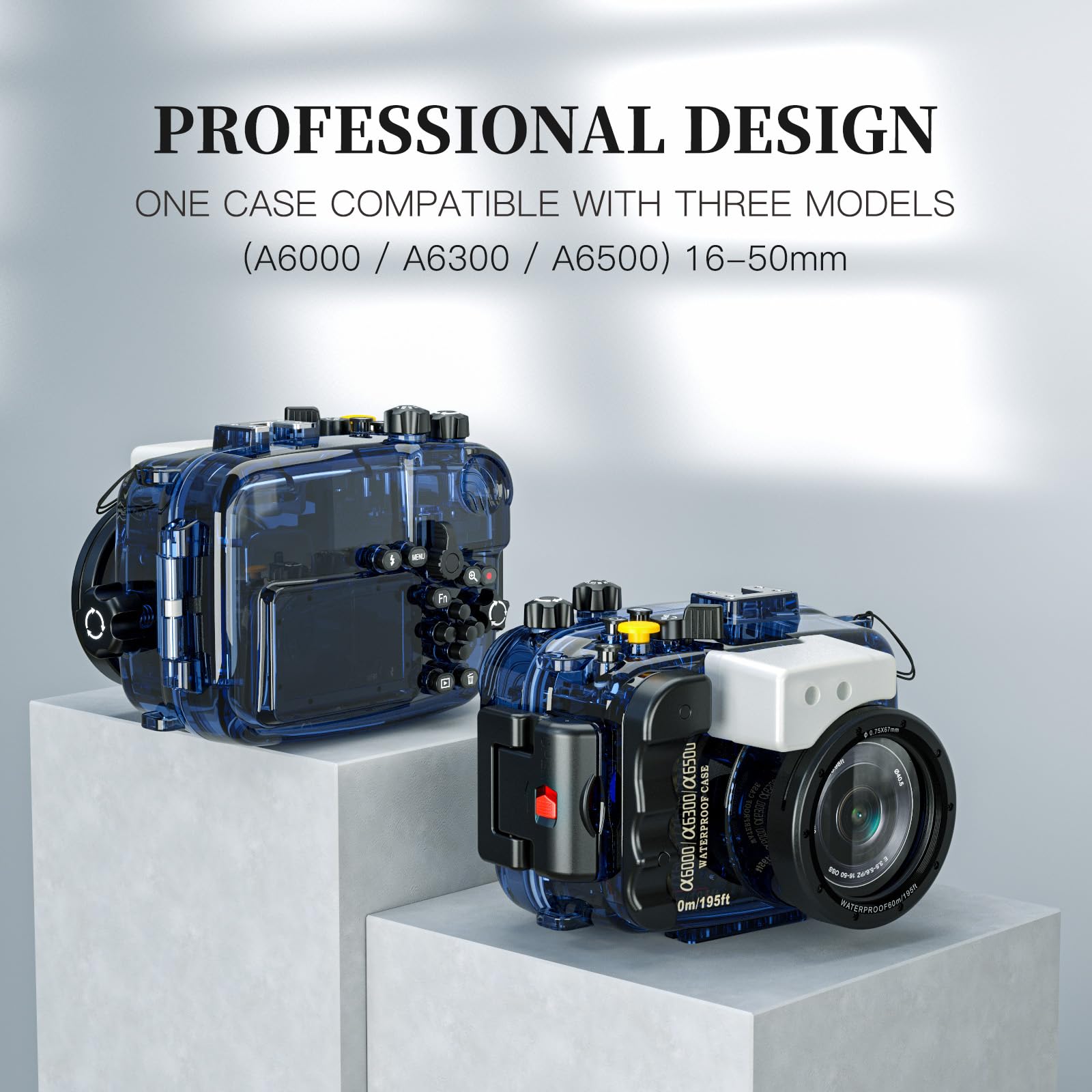 Custodia professionale subacquea per fotocamera, custodia impermeabile 60 m, compatibile con Sony A6000/A6300/A6500, guarnizione O-Ring, allarme perdite d'acqua, obiettivo 16-50 mm