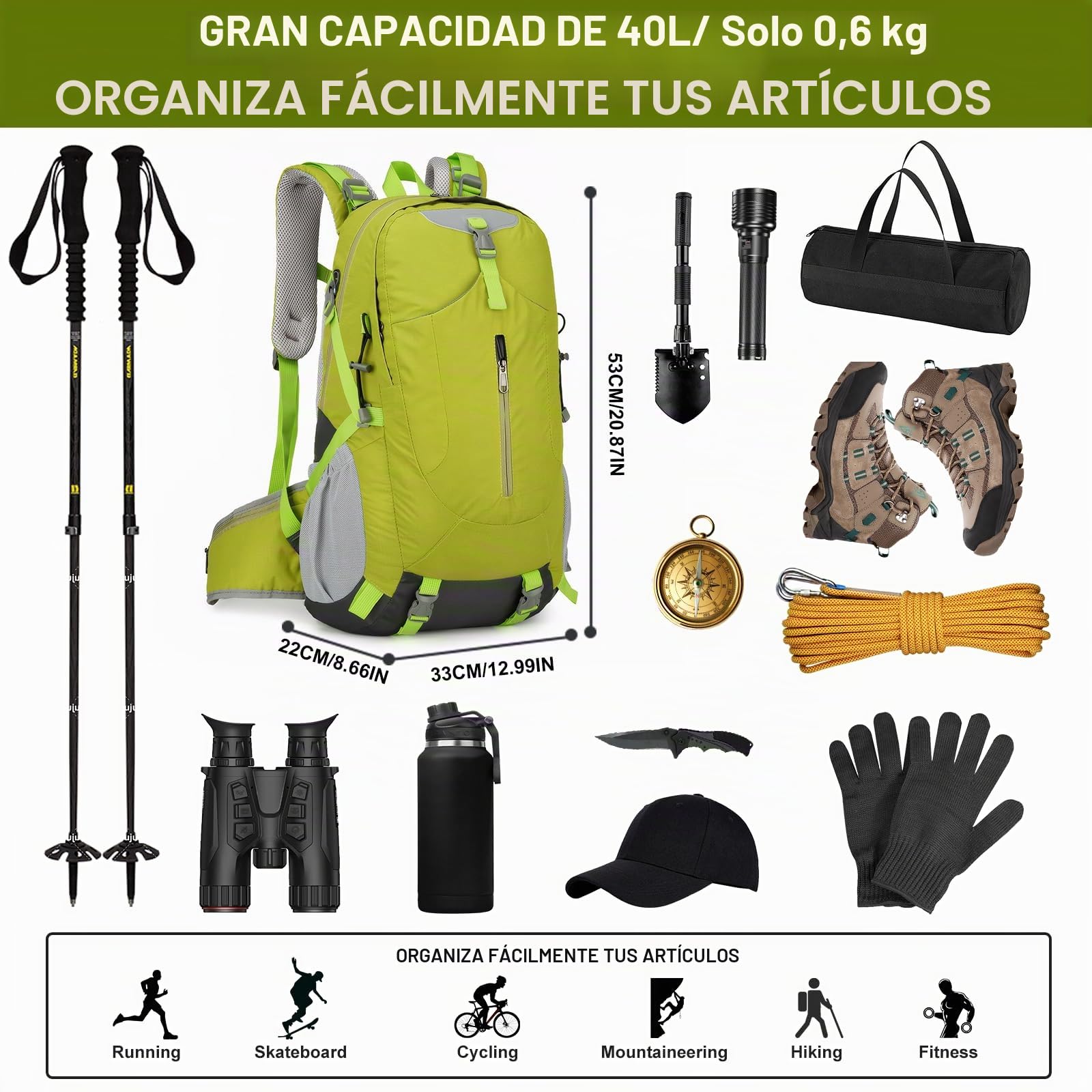 Long Keeper 40 Litros Mochila Senderismo Hombre Mujer Impermeable Mochila Viaje Trekking Montaña con Funda Lluvia Multibolsillos Multiusos para Al Aire Libre