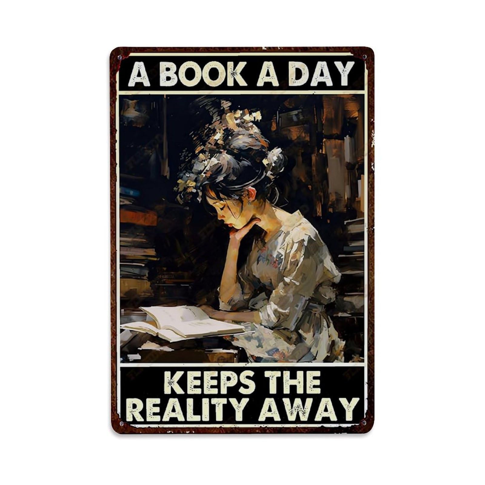 Book Reading Woman Library Art Retro Metal Tin Sign, Vintage Decor Art Poster for Bar, Home, Man Cave, Kitchen, Laundry Room Gift 8x12Inch