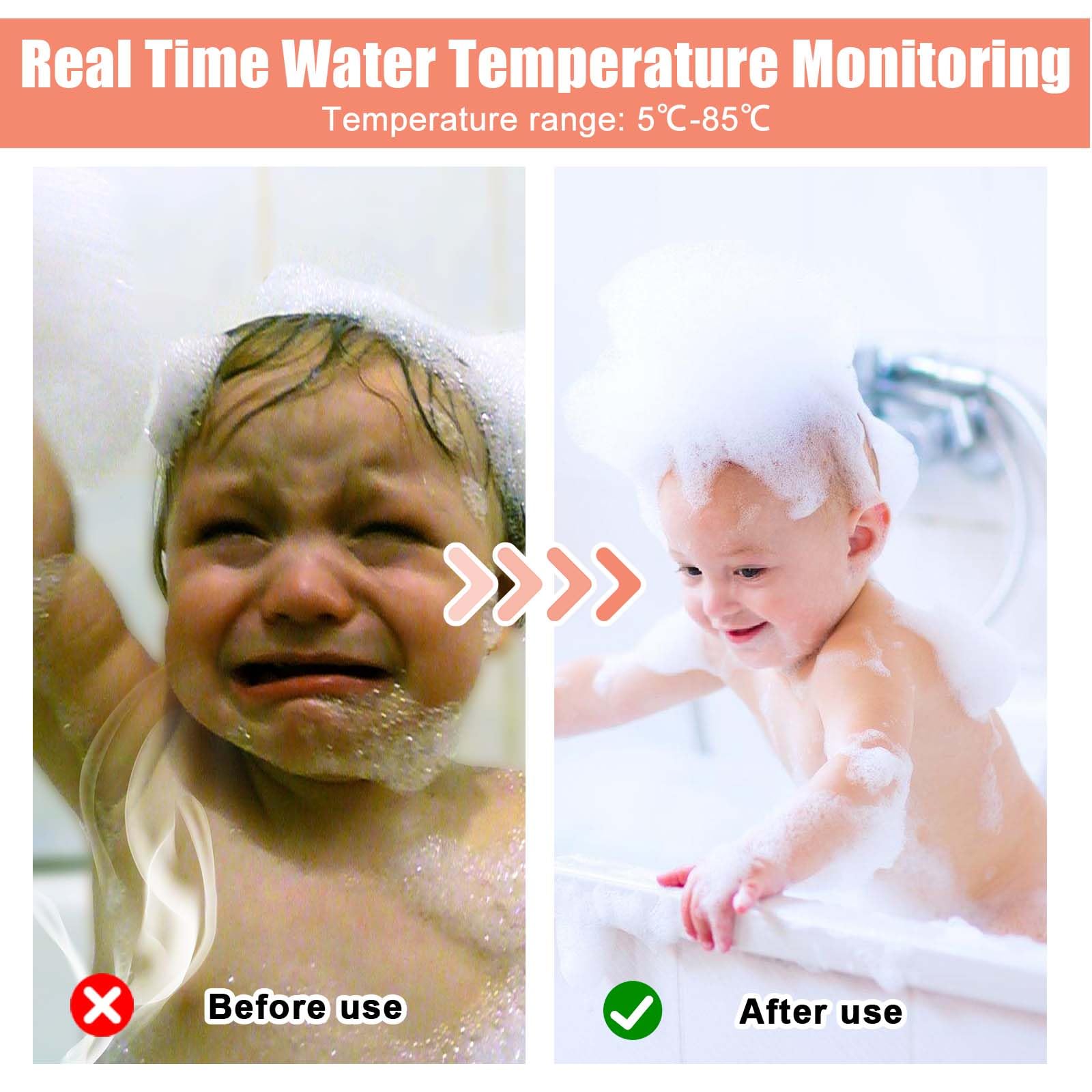 Thermomètre de bain numérique, 5 à 85 °C, écran rotatif à 360 °, débit d'eau en temps réel, pour la température de l'eau, pour cuisine principale, salle de bain, thermomètre de douche
