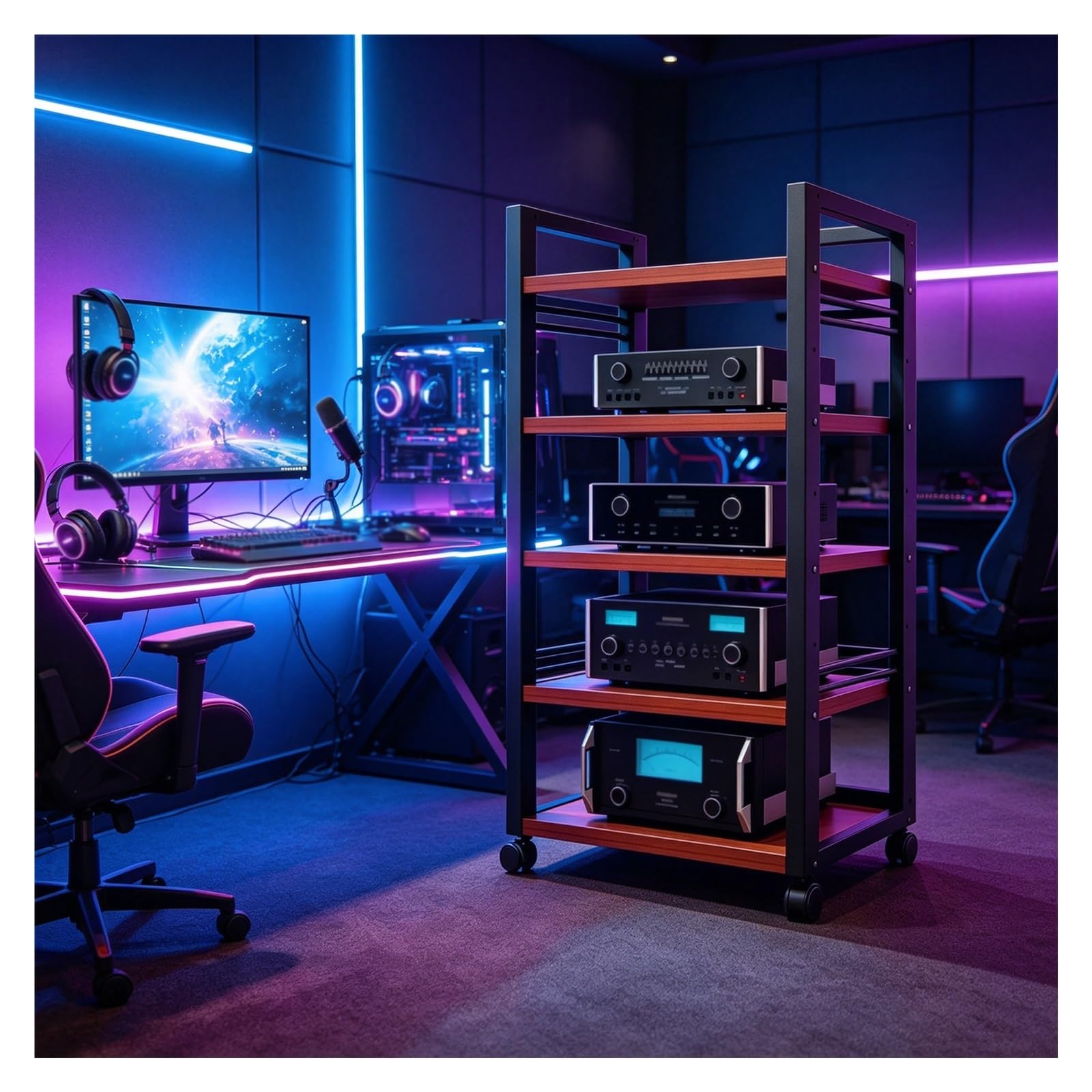 Soporte multimedia AV de 5 niveles con ruedas y estantes para salas de cine