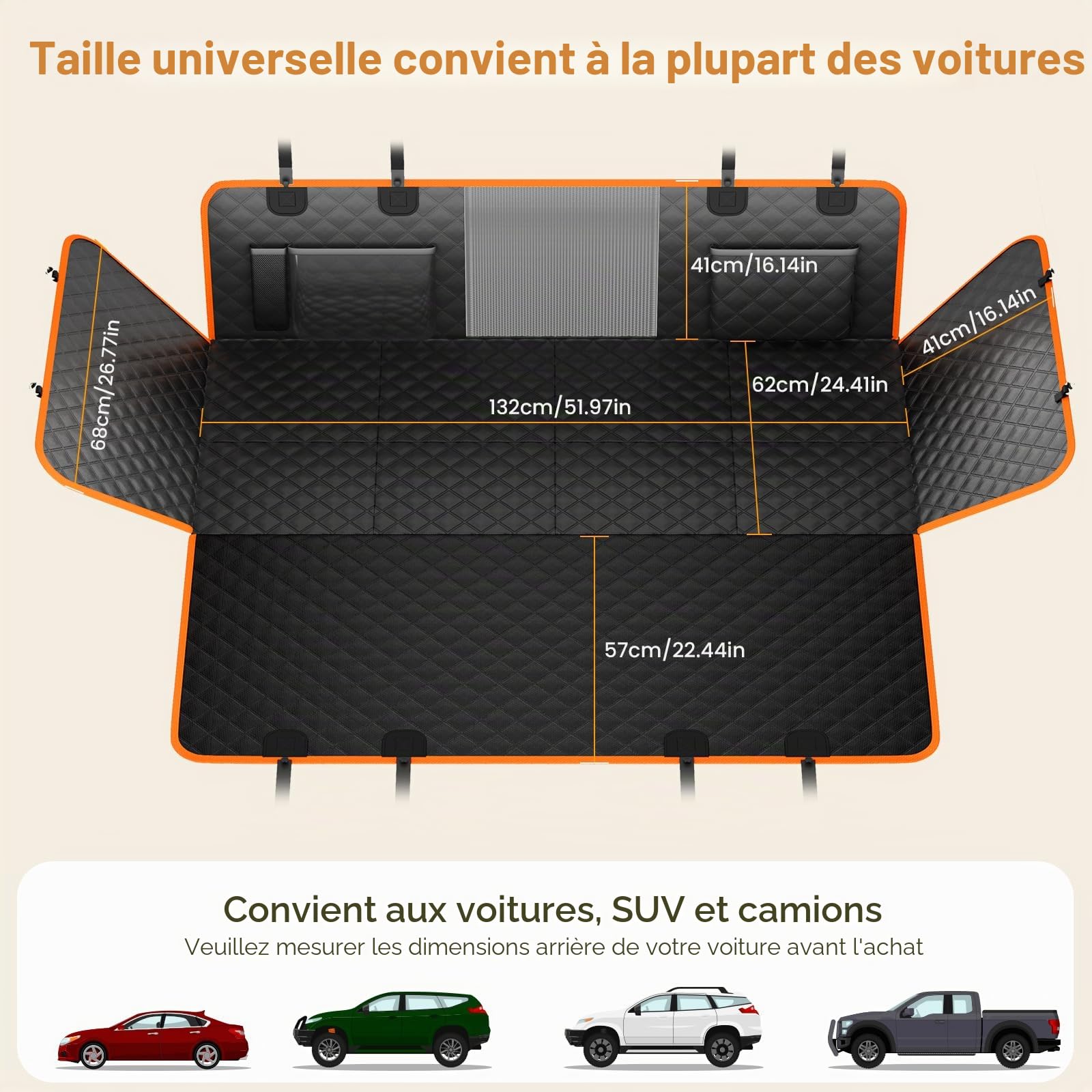 Pecute Protection Voiture Chien 132 * 62 CM, Housse Voiture Chien, Panneaux durs Améliorés, Support jusqu'à 150 kg, 40% d'espace Supplémentaire pour Une Couverture Complète du Siège Arrière