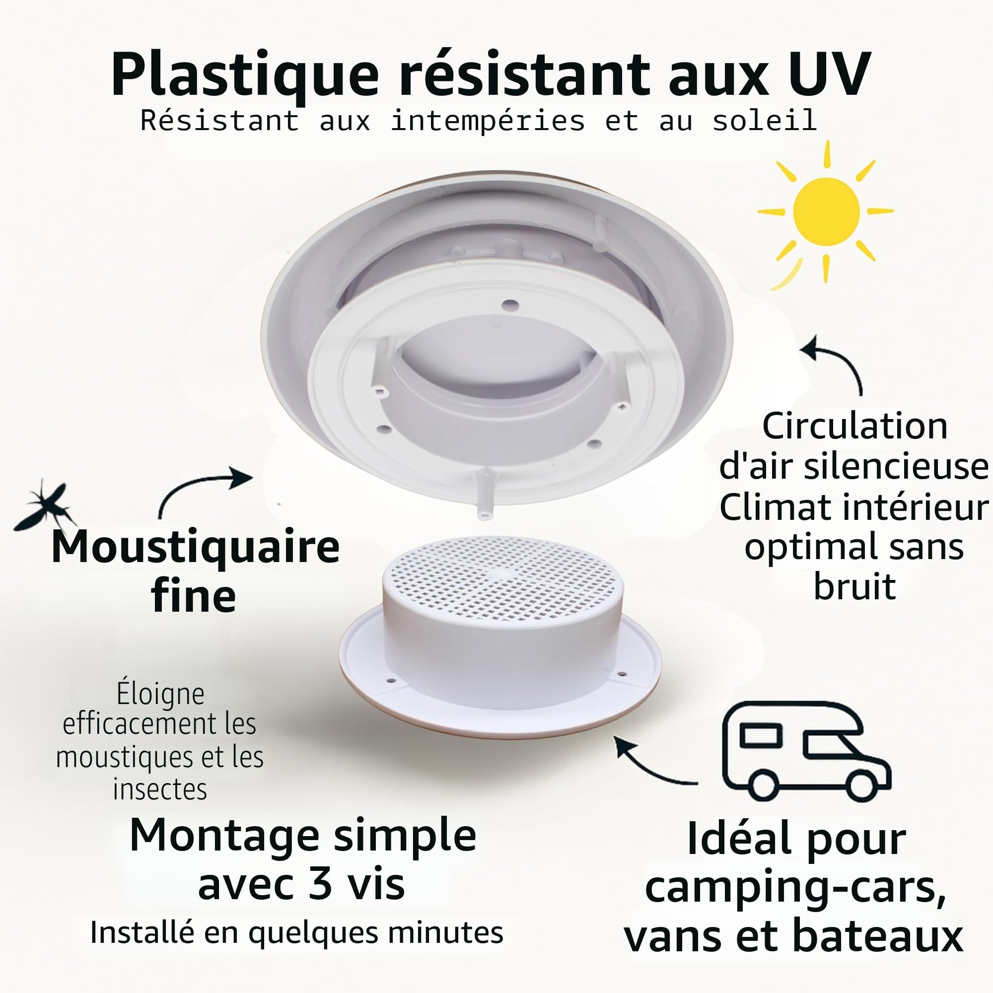 Ventilateur de toit champignon pour camping-car - Aération forcée, moustiquaire, aérodynamique, résistant aux intempéries et durable