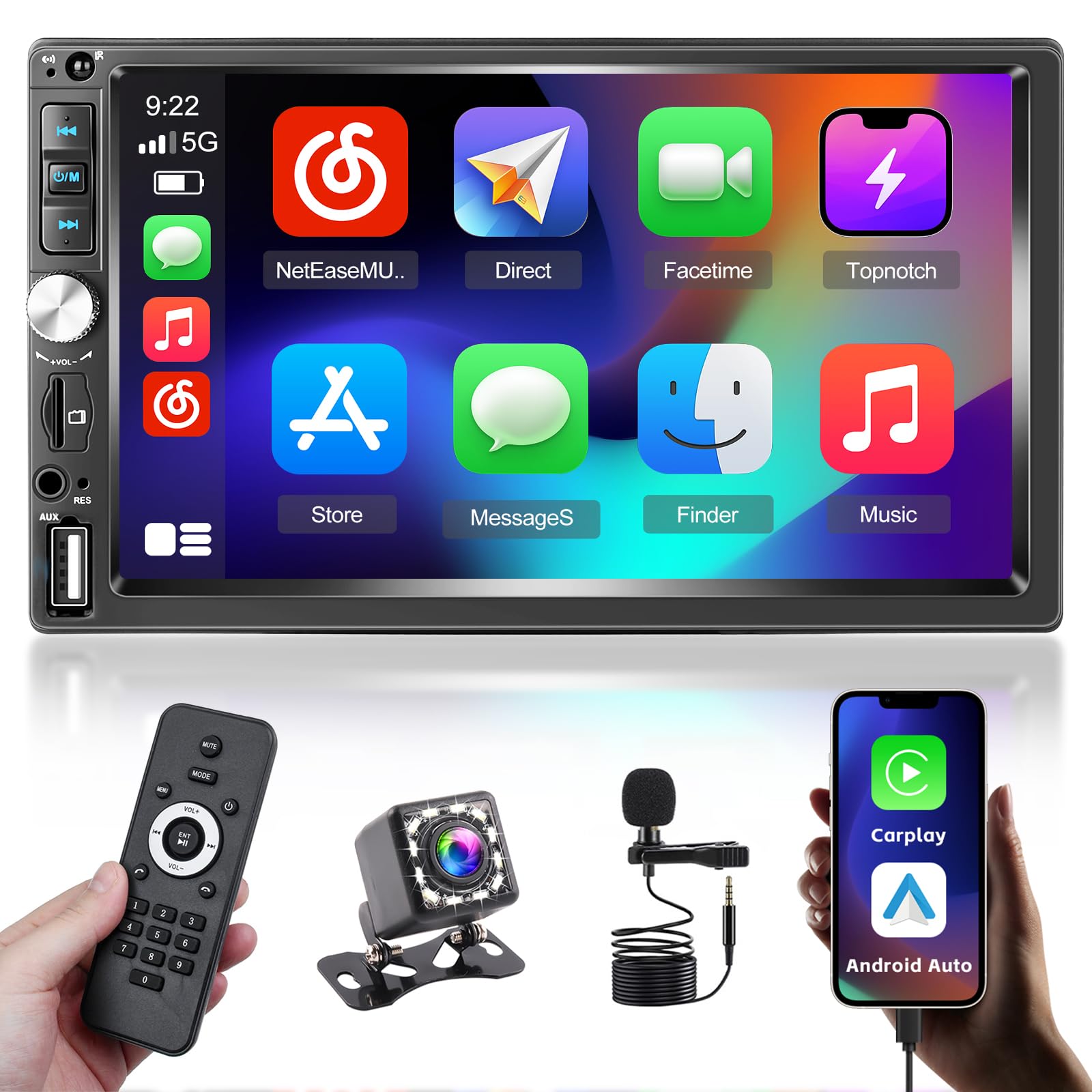 Inefala 2G/64G Autoradio 1 DIN Android avec 7 Pouces Tactile Retractable, Wireless Carplay Android Auto, Poste Radio Voiture Bluetooth avec GPS WiFi USB FM/RDS SWC Caméra de Recul & Mic