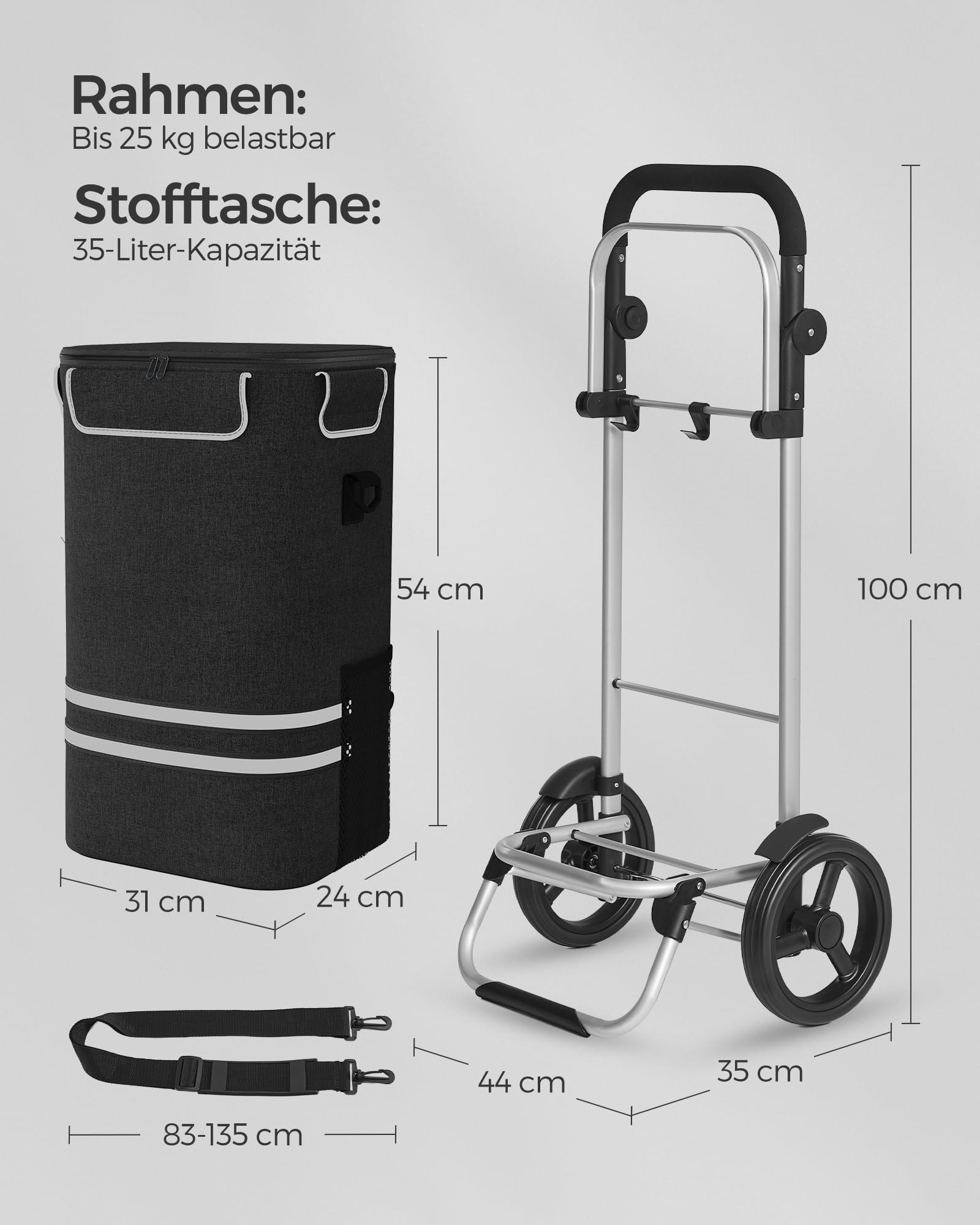 SONGMICS Einkaufstrolley, Trolley, Einkaufswagen mit Kühlfach, groß, 35 Liter, klappbar, Einkaufstasche mit Rollen, Tasche abnehmbar, schwarz KST03BK