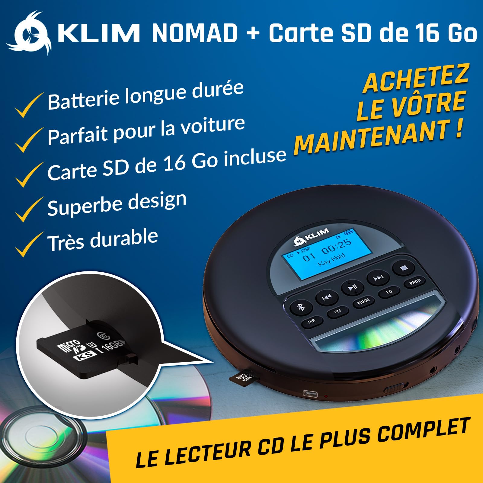 KLIM Nomad Lecteur CD Portable - Batterie Intégrée Longue Durée - avec Écouteurs - Compatible CD-R, CD-RW, MP3-16GB TF Card - Bluetooth Baladeur Lecteur CD pour Voiture, Maison, Extérieur - Noir