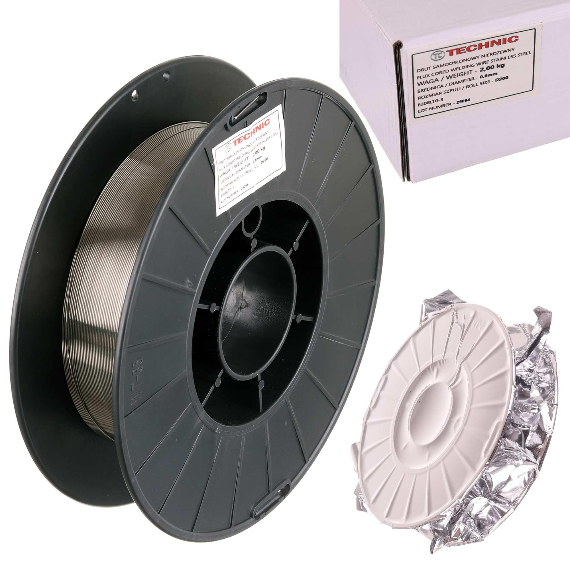 TC TECHNIC - Hilo de Soldadura 0,8mm - Hilo Relleno de Acero Inoxidable - Sin Gas Protector, Soldadura MIG/MAG, D200, para Trabajos de Soldadura En Exteriores, Agricultura, INOX E308LT0-3, 2kg