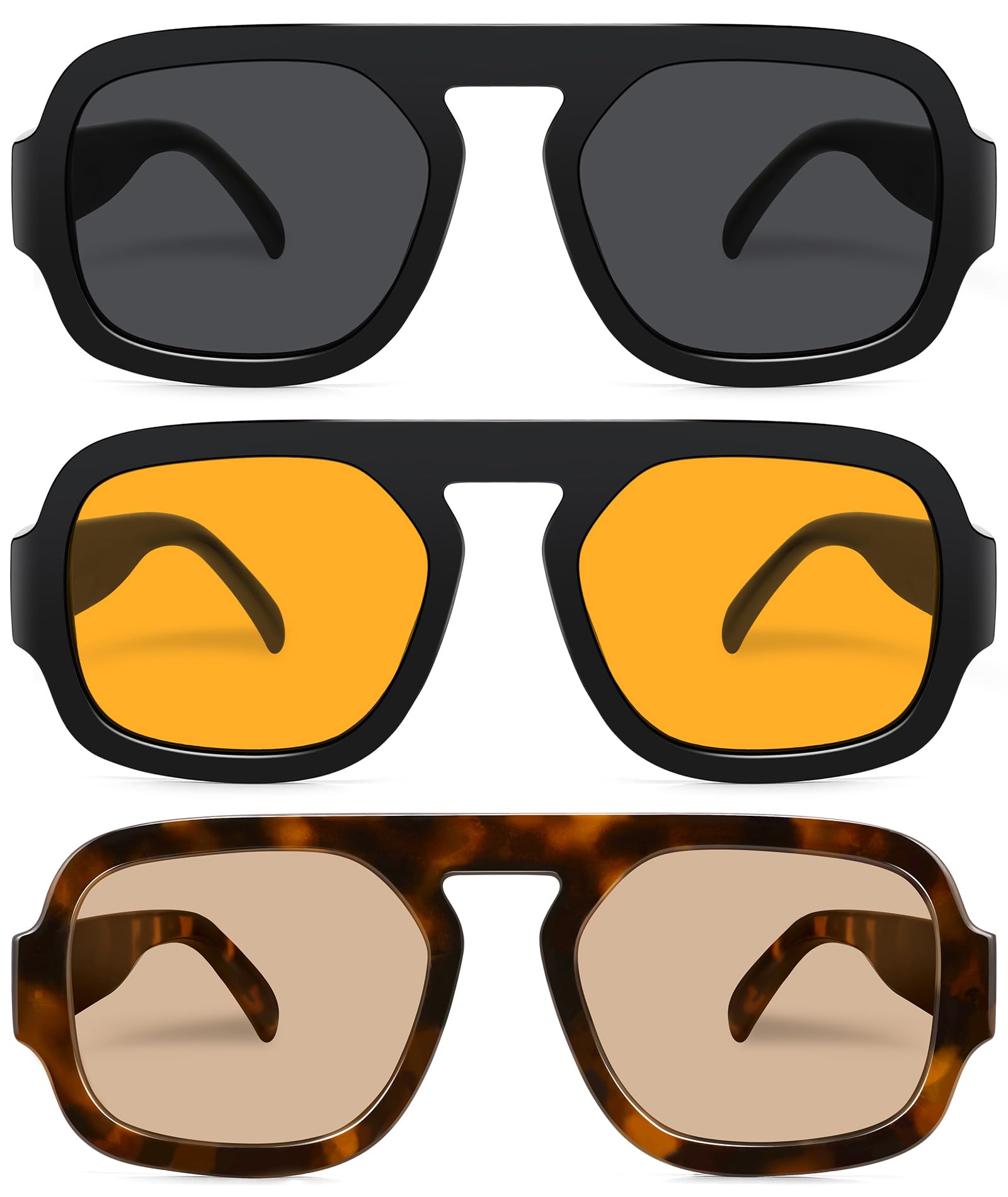 Retro Square Aviator Sunglasses for Women Men 70s Vintage style Shades Trendy Flat Top UV Protection Sun Glasses 3pack (Black/Gray+black/Orange+tortoise/Champagne) color/lenscolor