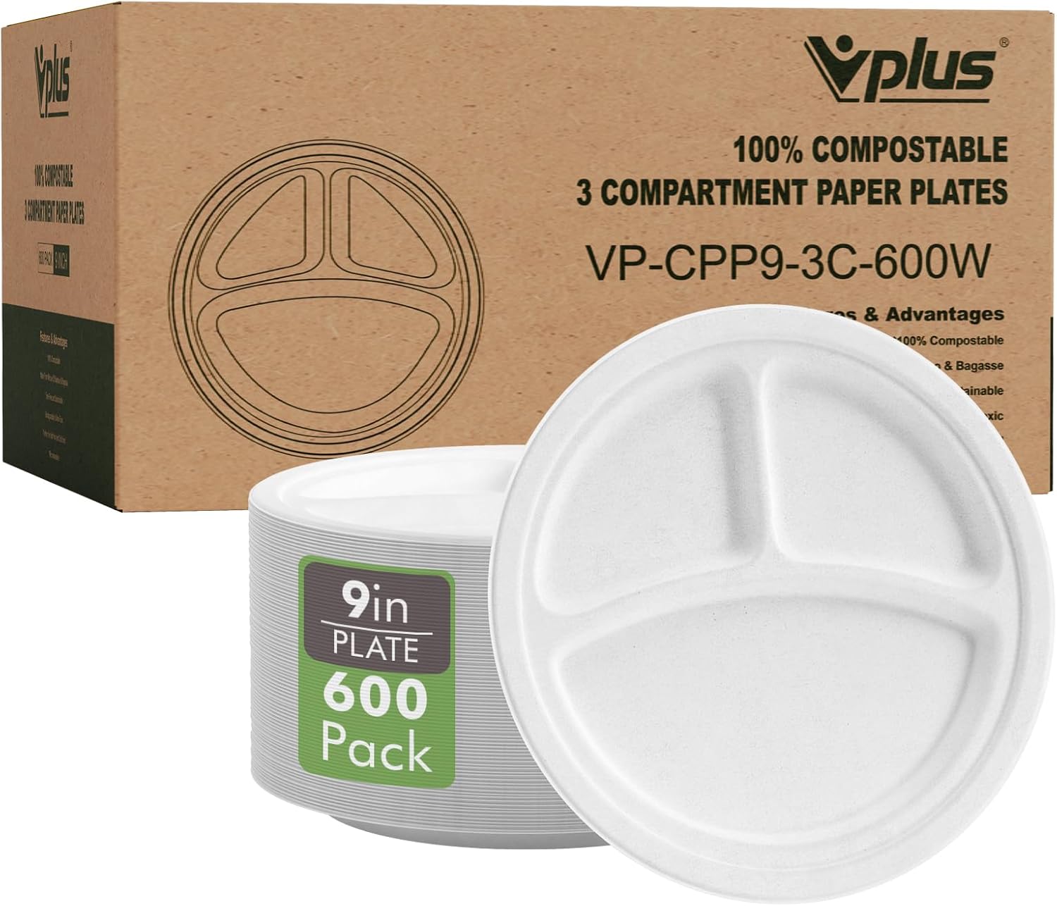 Vplus 100% Compostable Paper Plates, 600 Pack 9 Inch 3 Compartment Plates Disposable, Heavy Duty Biodegradable, Made of Sugar Cane Fibers, for Daily meals, Dinner, Parties, BBQ