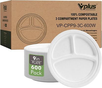 Vplus Compostable Plates, 600 Pack 9 Inch 3 Compartment Plates, White