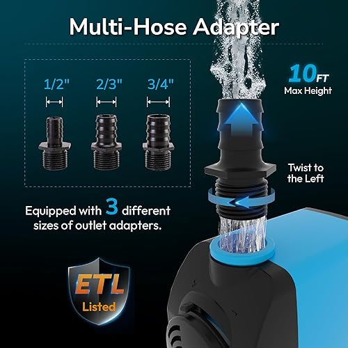 Miniatura 4 de Hexago Bomba sumergible de 800 GPH, bomba de fuente de agua ultra silenciosa con elevación de 10 pies, cable de alimentación de 6 pies, 3 boquillas,