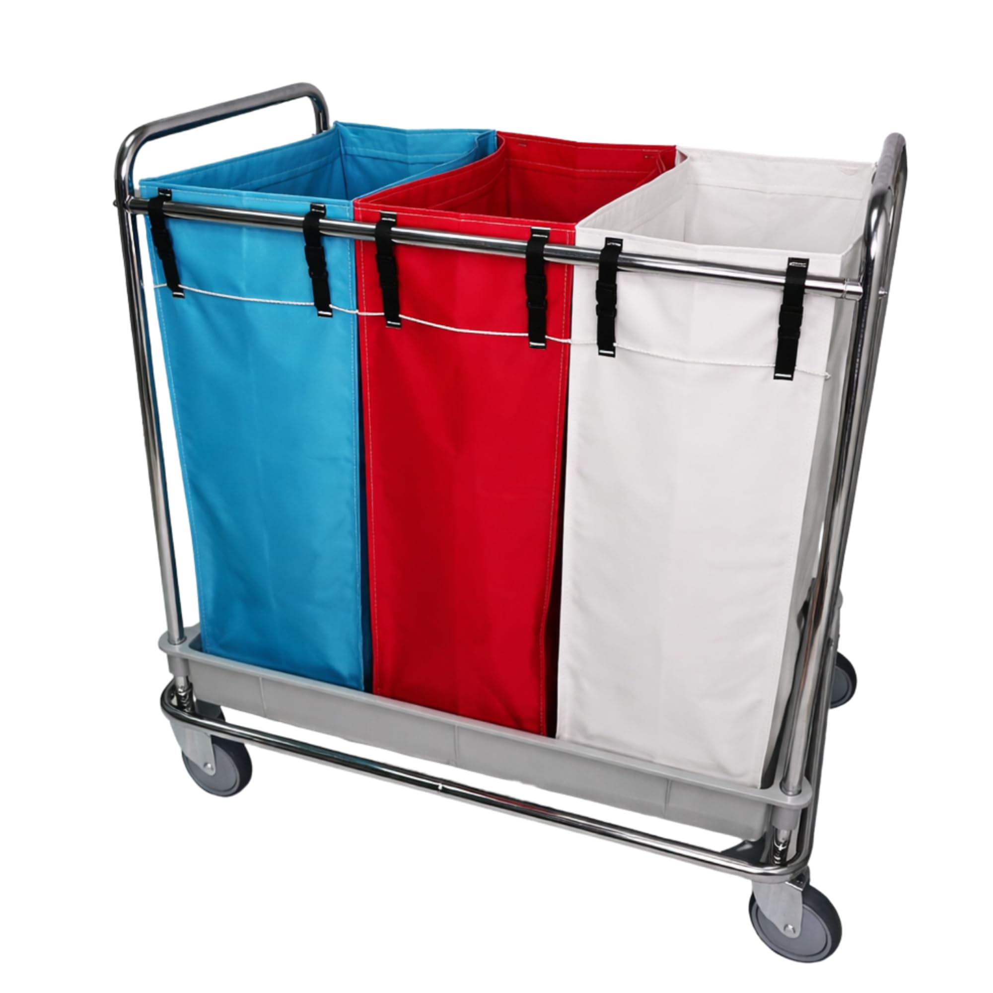 Carro de Lavandería Profesional Cromado con 3 Bolsas Plastificadas (80L) - Clasificador de Ropa Sucia con Ruedas 125mm y Base de Polipropileno - Ideal Hoteles y Residencias (95x65x104 cm)