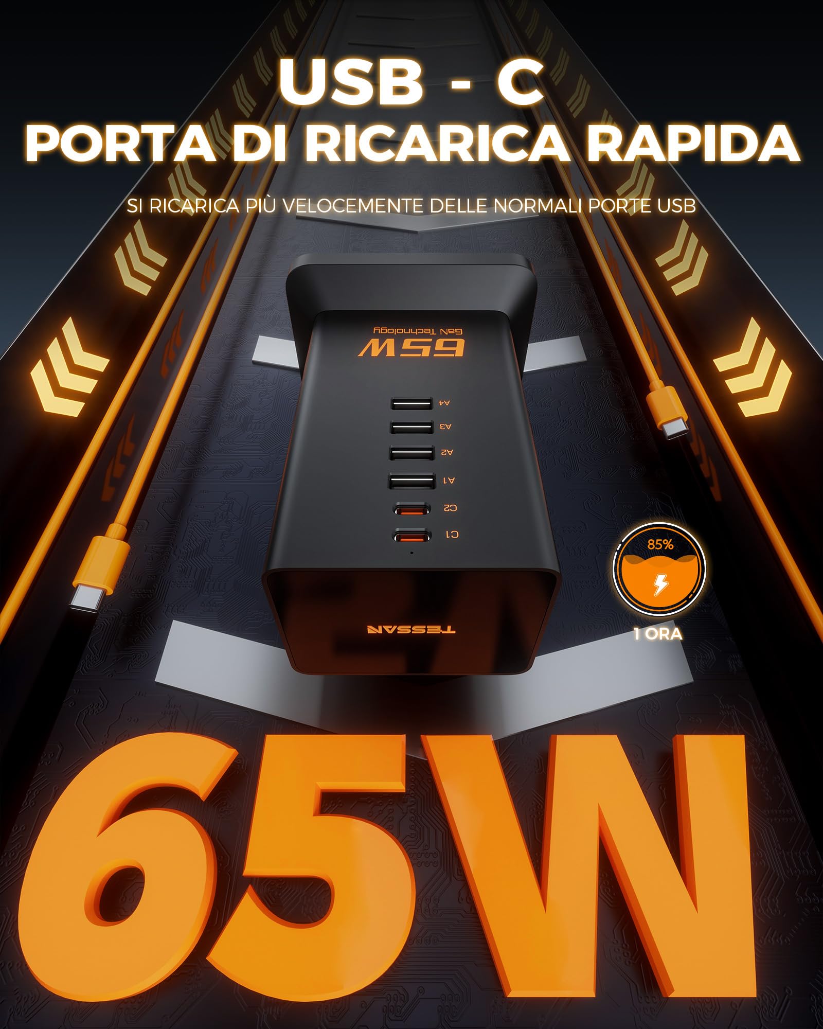 TESSAN Alimentatore USB C 65W, GaN Caricabatterie Multiplo, Caricatore Rapido con 2 prese, Stazione di Ricarica USB con cavo 2M