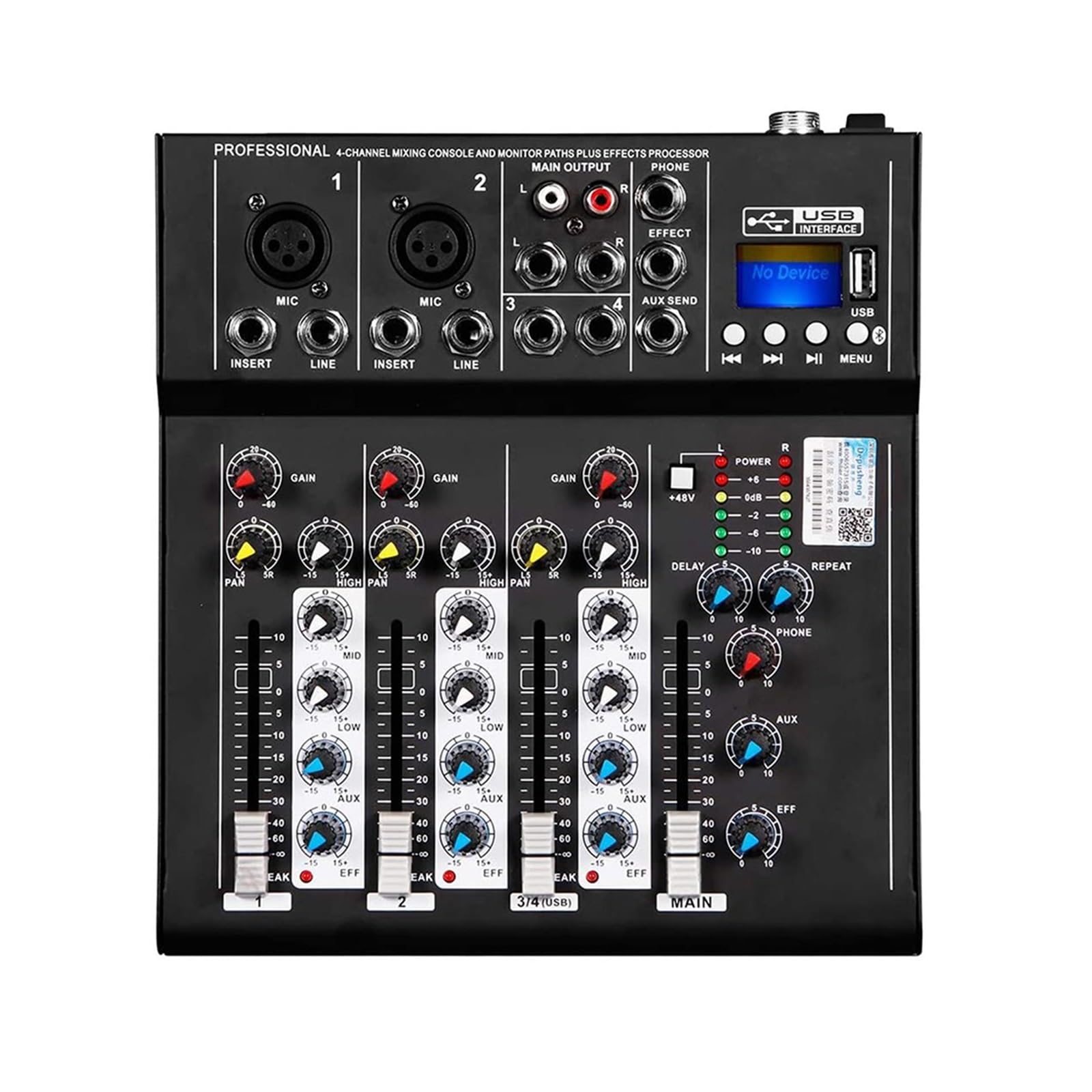 4-kanałowy mikser dźwięku DJ F4 Mikser Bluetooth PC USB Odtwarzanie Nagrywanie Kontroler 48 V Konsola miksująca