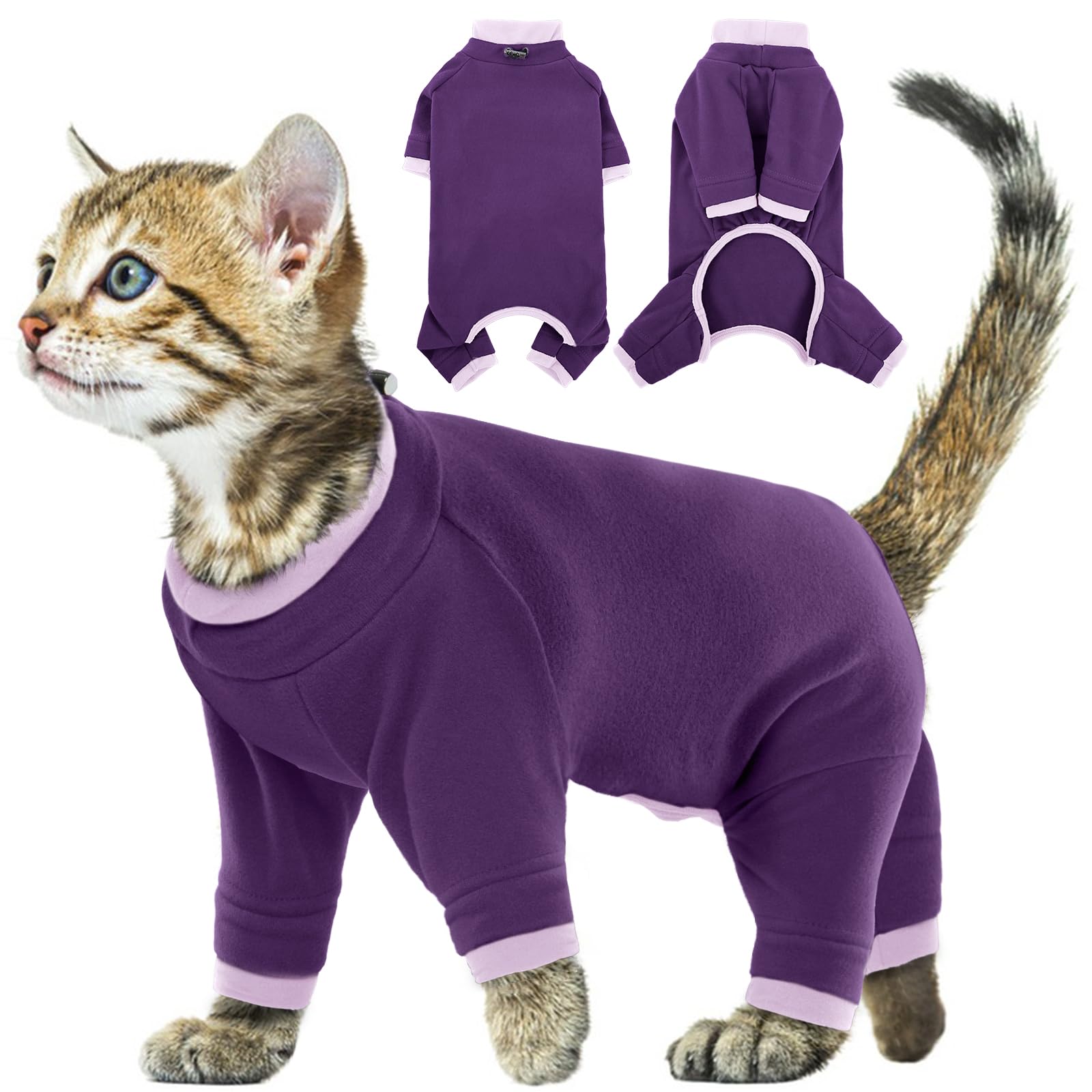 Cat Body Suit to Stop Licking, Cat Suits after Surgery Sleeves Cut Fleece Jacket Comfortable Anti Biting Vest, Prevent Licking after Leg Surgery(Dark Purple, XS)