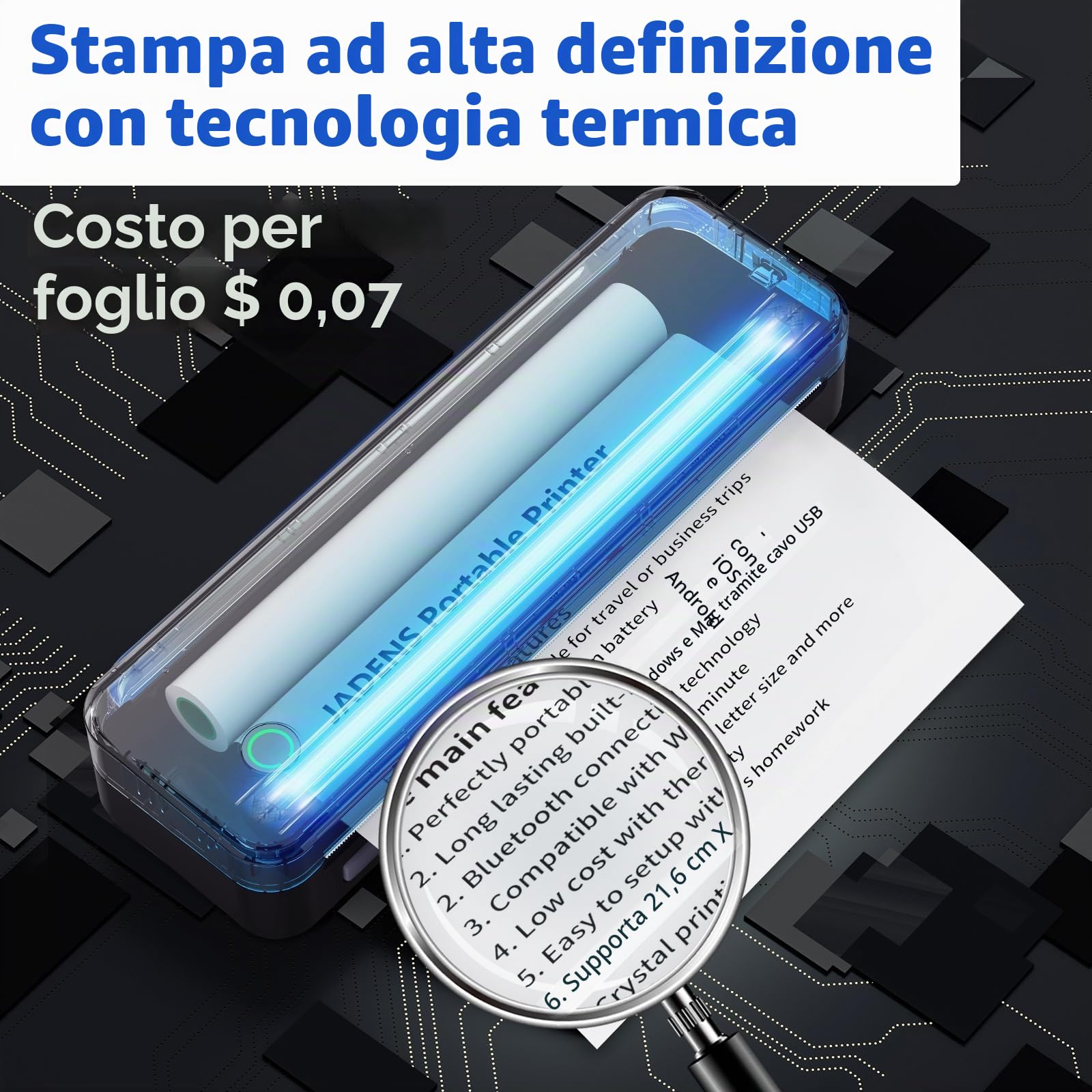 JADENS Stampante termica portatile, supporta 210 x 297 mm A4, stampante portatile Bluetooth A4, compatibile con Android e iOS per viaggi e laptop
