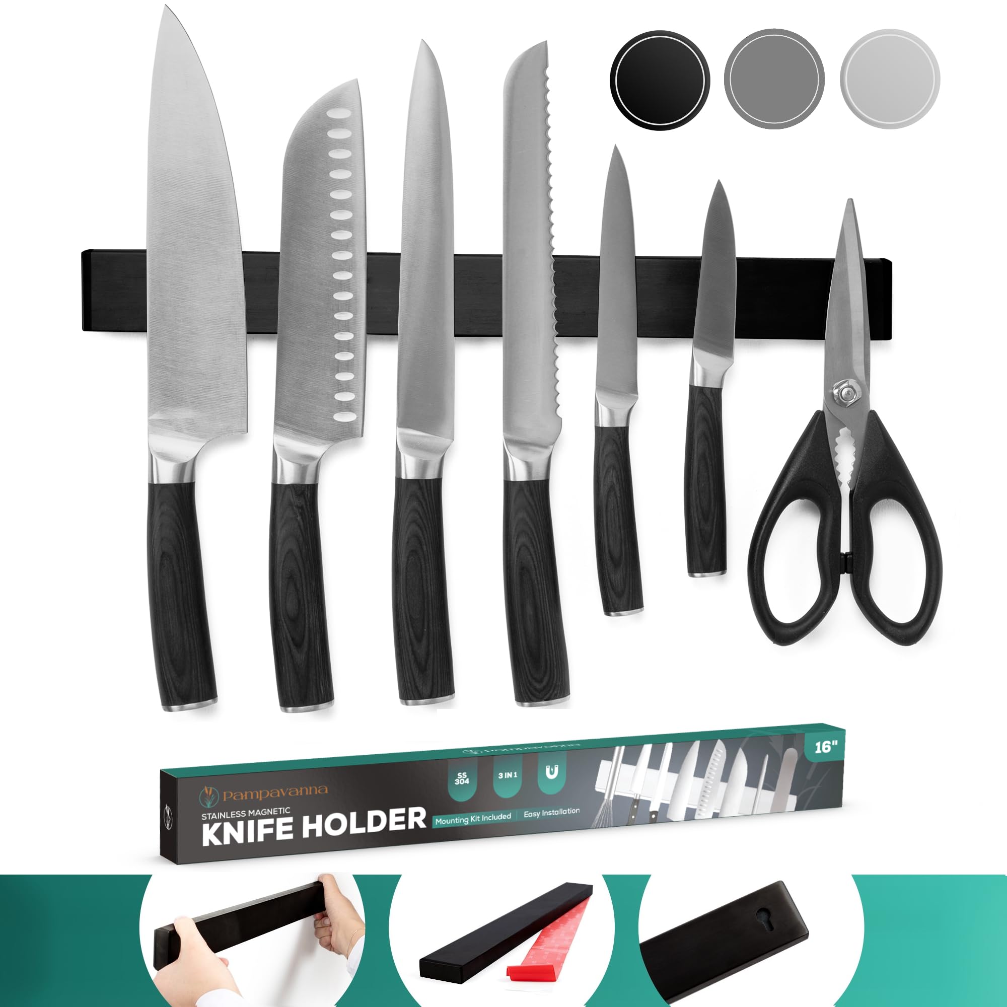 Black Magnetic Knife Holder 16 Inch - Heavy-Duty Strip for Wall and Fridge - No Drill Install - Sleek Stainless Steel Organizer for Modern Kitchens