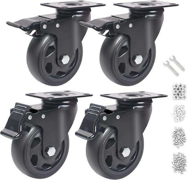 4" Roues Roues, Roulettes 4 Lourdes avec frein, roues à double verrouillage 2200LBS, Roues Roulettes pivotantes avec plaque supérieure, Roues de roulettes industrielles pour Workbench, Panier, Meubles