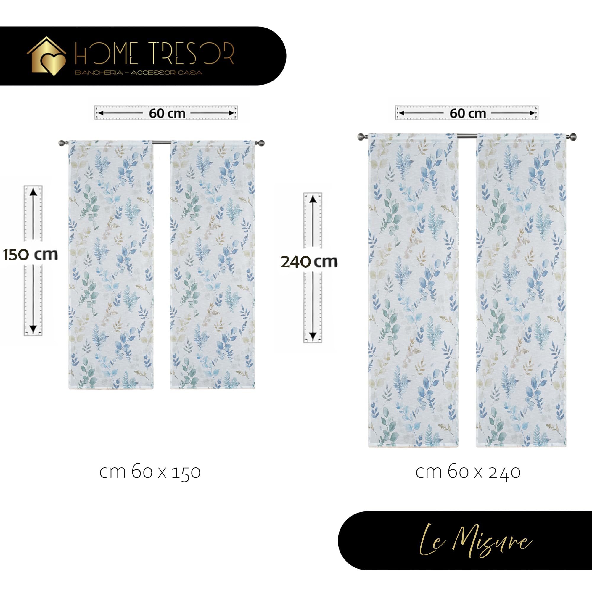 Home Tresor - Coppia Tende a Vetro | Tendine per Interni Primaverili Estive Stampa Foglie Floreale per Finestre e Porte, Cucina, Bagno,Soggiorno Mod. ARISTEA - 60x240 cm, Azzurro/Verde