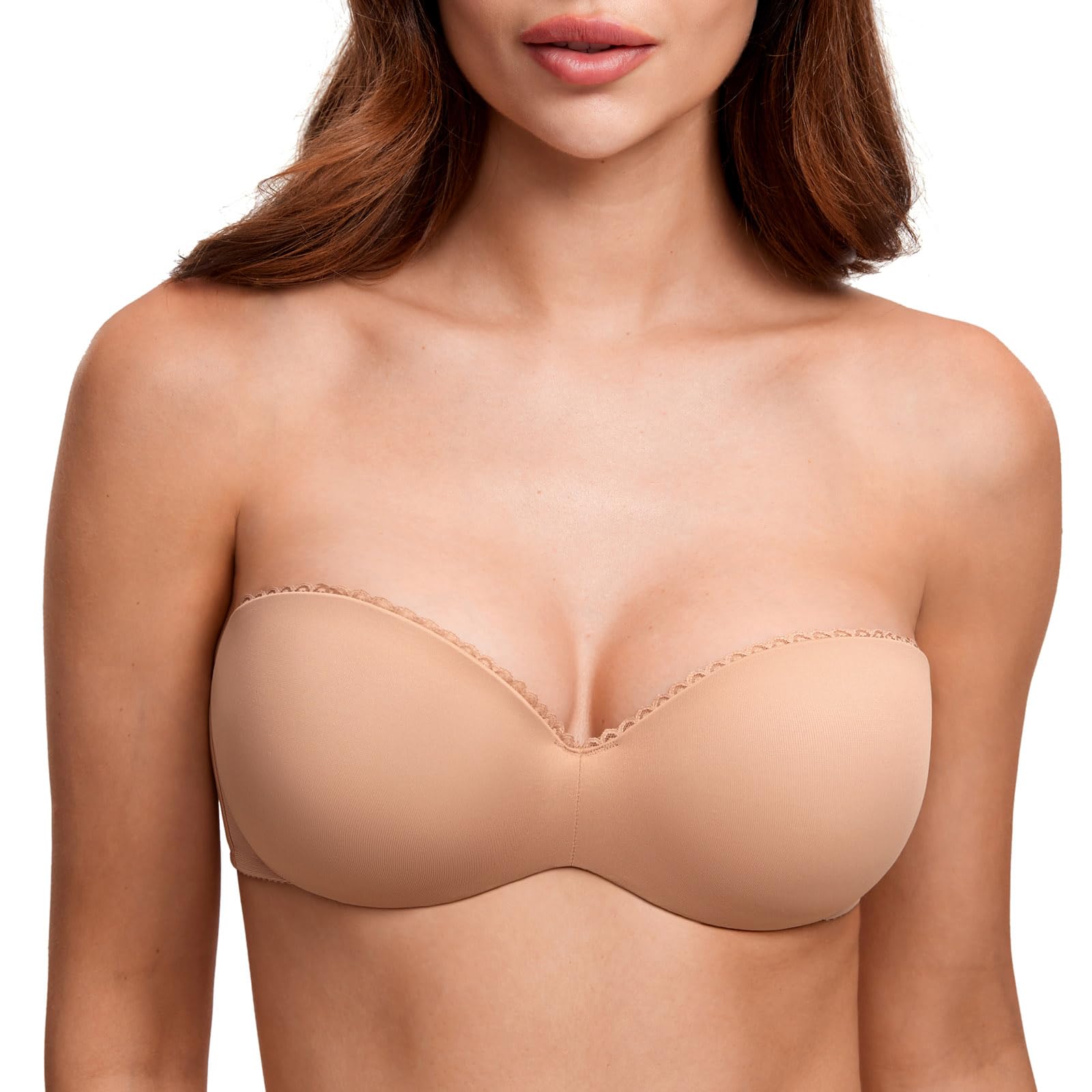 DOBREVA Women's Strapless Push Up Bra Padded Underwire Boost Cups Multiway Bandeau Bra Barely Buff 34A
