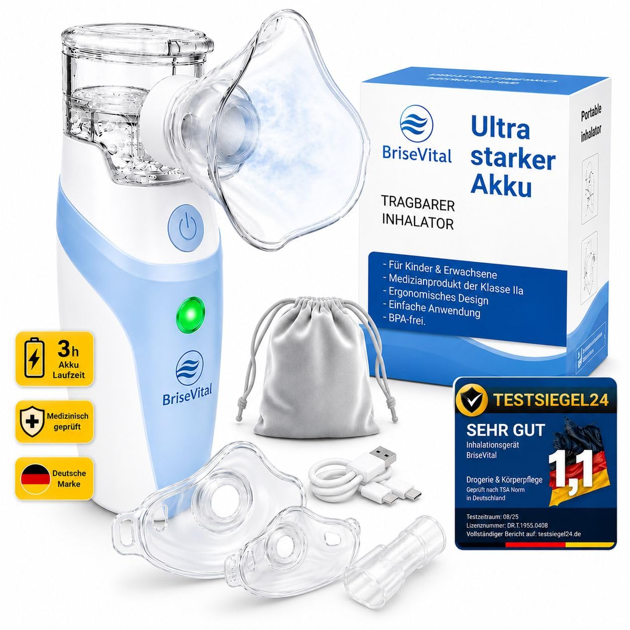 Premium leises Inhalationsgerät für Kinder & Erwachsene - Mesh Nebulizer Vernebler,aufladbar und starkem Akku, Inhaliergeräte für Erwachsene, Inhalator, Inhalationsgerät Kinder,Inhalationslösung