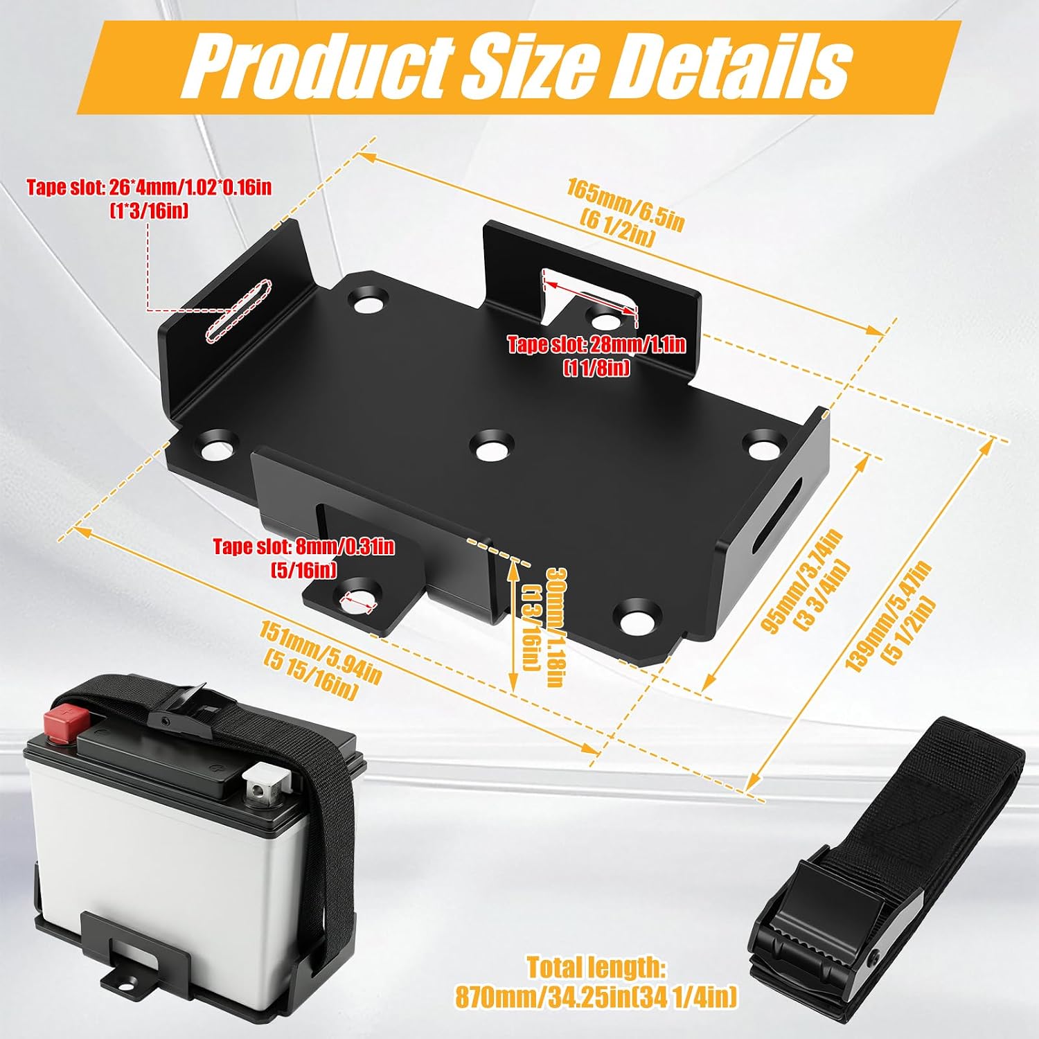 Small Battery Tray Fit 12V-6V / 6AH 7AH 8AH 9AH 12AH 15AH Batteries and More Adjustable Hold Down Strap Battery Mount Compatible with Boat, Kayak, Motorcycle, ATV, Generator, Jetski