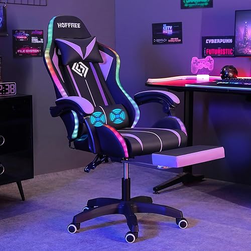 HOFFREE Silla de Juego con Luces LED RGB y Masaje, Silla Ergonómica para Computadora con Reposapiés, Silla de Videojuego de Respaldo Alto con