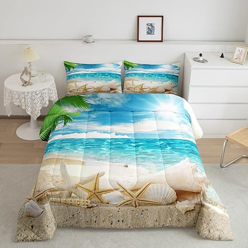Erosebridal Juego de edredón con temática de playa, tamaño matrimonial, juego de ropa de cama con estampado de estrellas de mar y conchas marinas,
