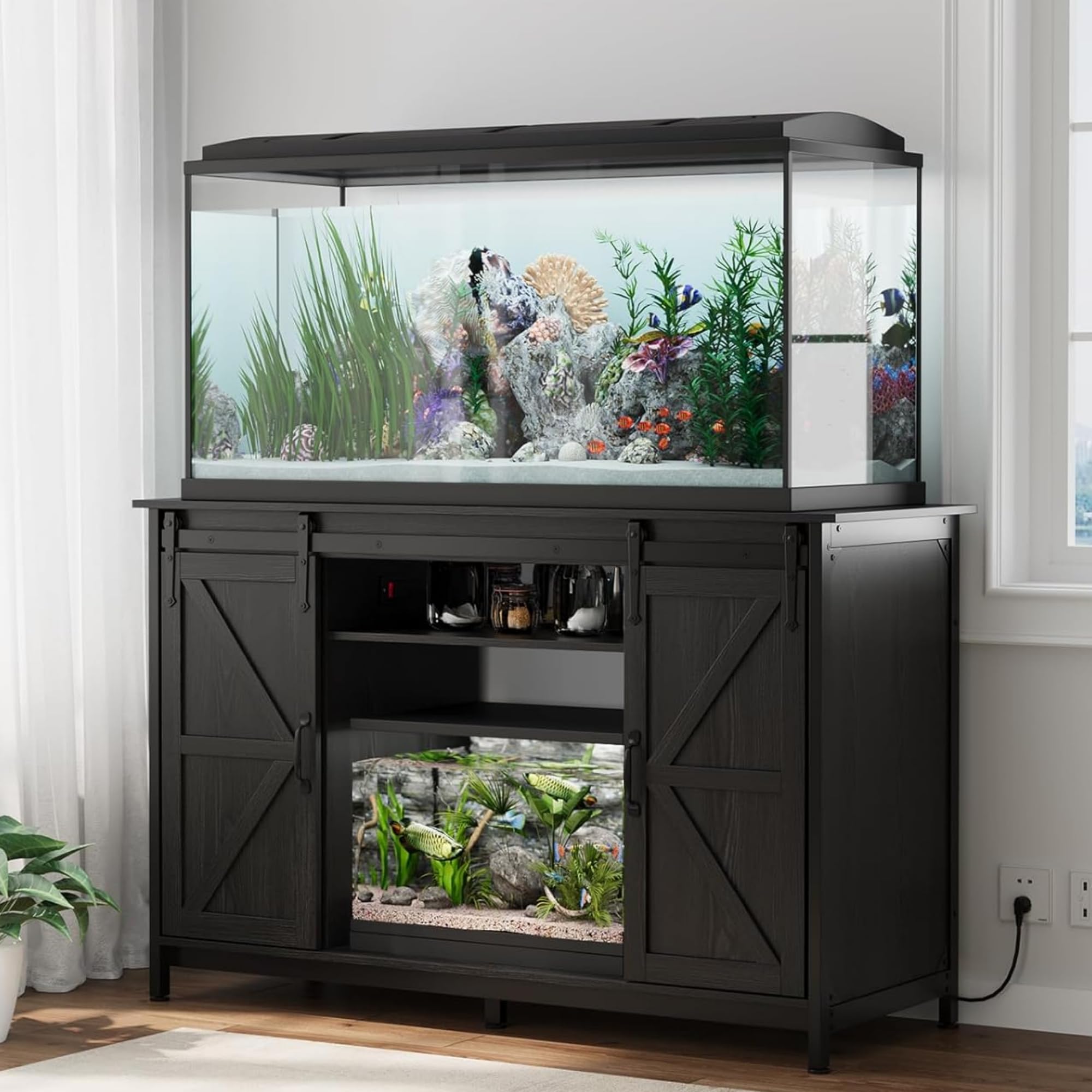 Diagram showing the dimensions and weight capacities of the VOWNER Farmhouse Aquarium Stand.