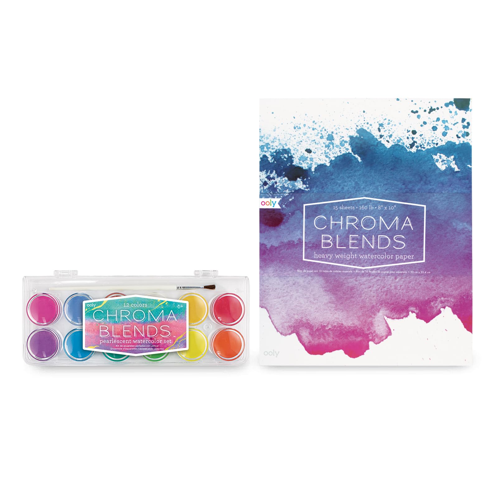 Ooly Chroma Blends Pearlescent Watercolor Set, 12 Colors, Brush Included Chroma Blends Heavy-Weight Watercolor Pad, 8 x 10 Inches - 15 Sheets
