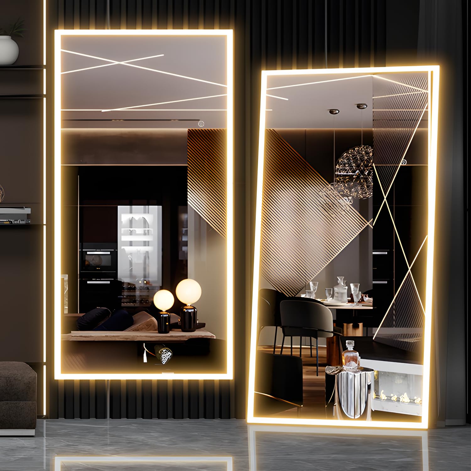 CASSILANDO Full Length Mirror with LED Lights, Free Standing Floor Mirror, Wall Mirror, Color Dimmable and Brightness Adjustment for Bedroom, LED, White with Stand, 180 x 80 cm
