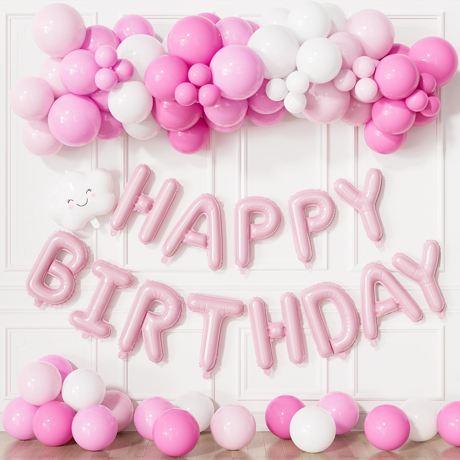 Adeyoo Pink Birthday Decorations - Pink and White Balloons with Happy Birthday Balloon Banner Cloud Balloons for Women Birth Wedding Party Decorations (84Pcs) — image 1