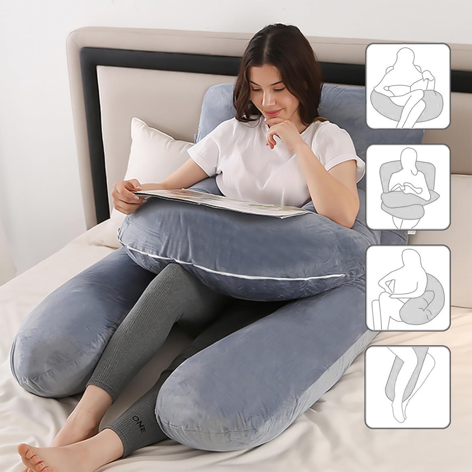 Pregnancy Pillows for Sleeping, 59 Inch U-Shaped Full Body Pillow, Maternity Pillow with Removable Cover, Support for Back Legs Belly HIPS, Body Pillows for Adults, Pregnancy Must Haves, Gray