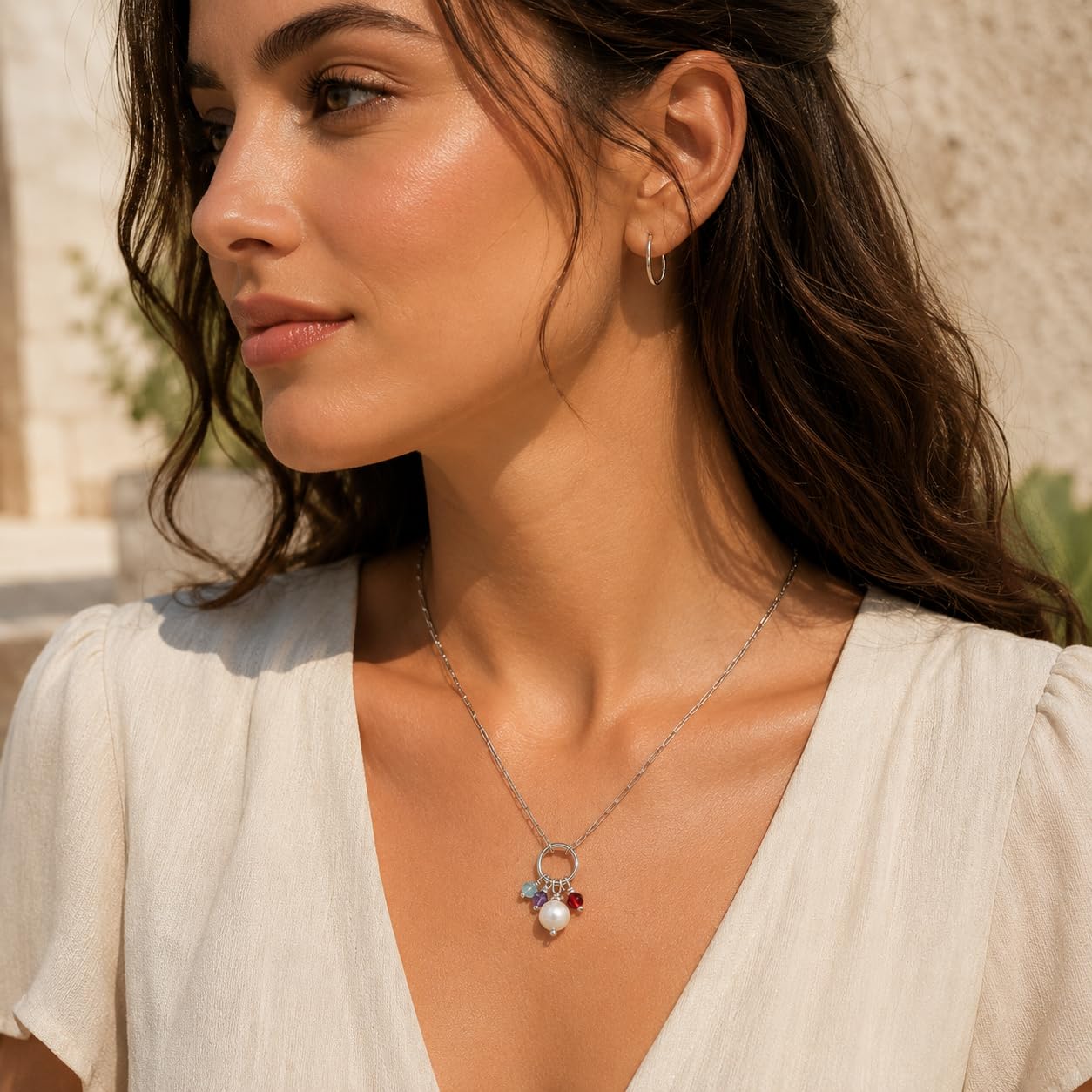 Collar Mujer Plata de Ley Verificada, Cadena de Eslabones Diamantada con Cierre de Anilla Porta Colgante de Piedras Semipreciosas Naturales, Regalo Mujer