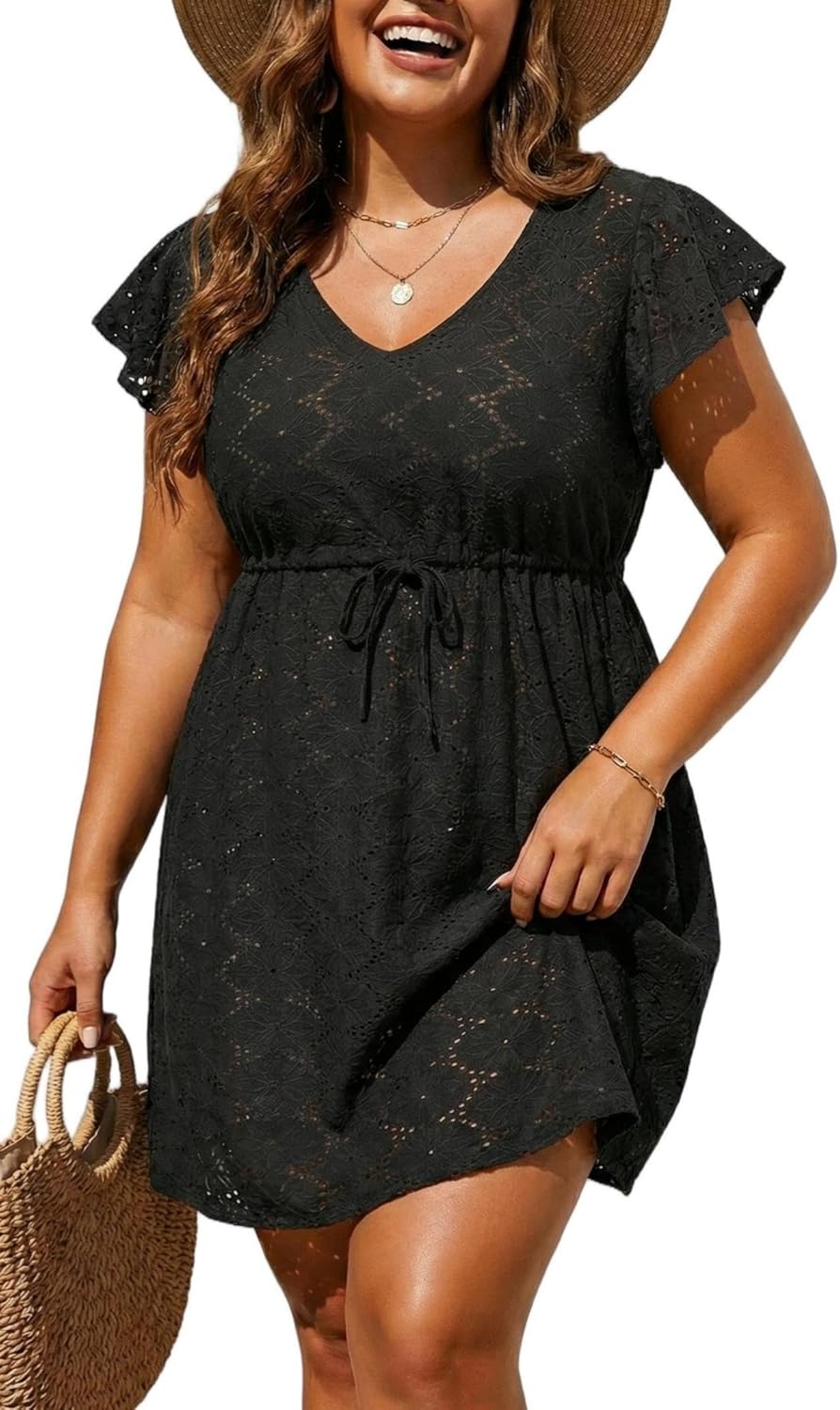 Plus Size Swimsuit Cover Up - Women V Neck Textured Hollow Out Flutter Sleeves Coverups Swimwear Summer Beach Dress