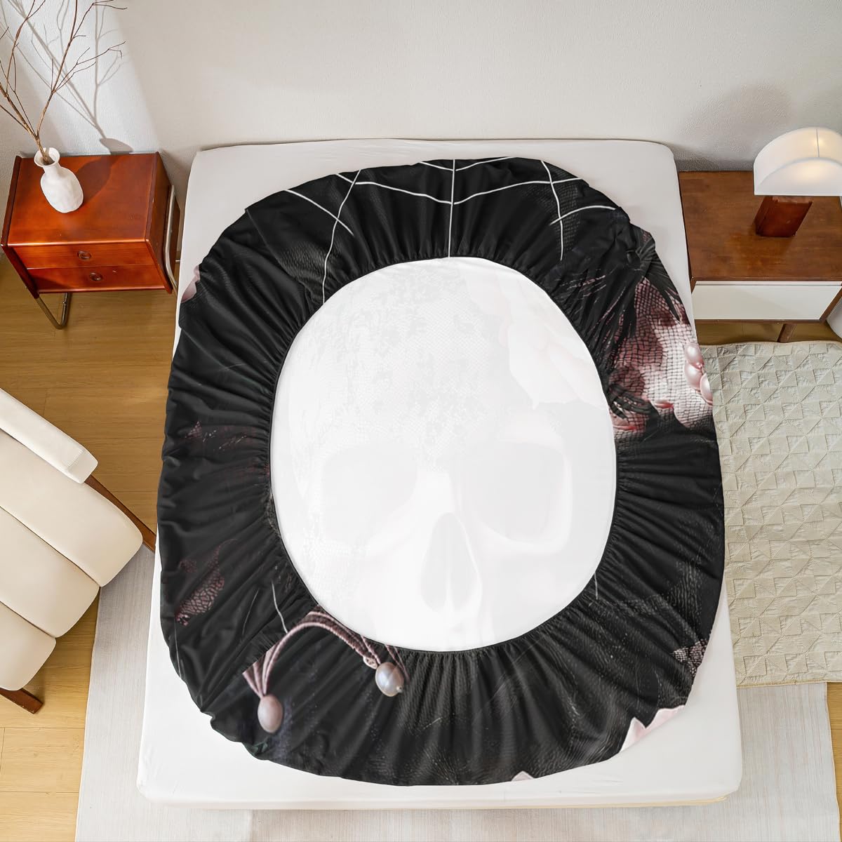 Homewish Juego de ropa de cama con diseño de calavera y rosas rosadas, sábana bajera ajustable para mujeres y hombres, sábanas vintage de flores góticas negras, funda de edredón de telaraña de