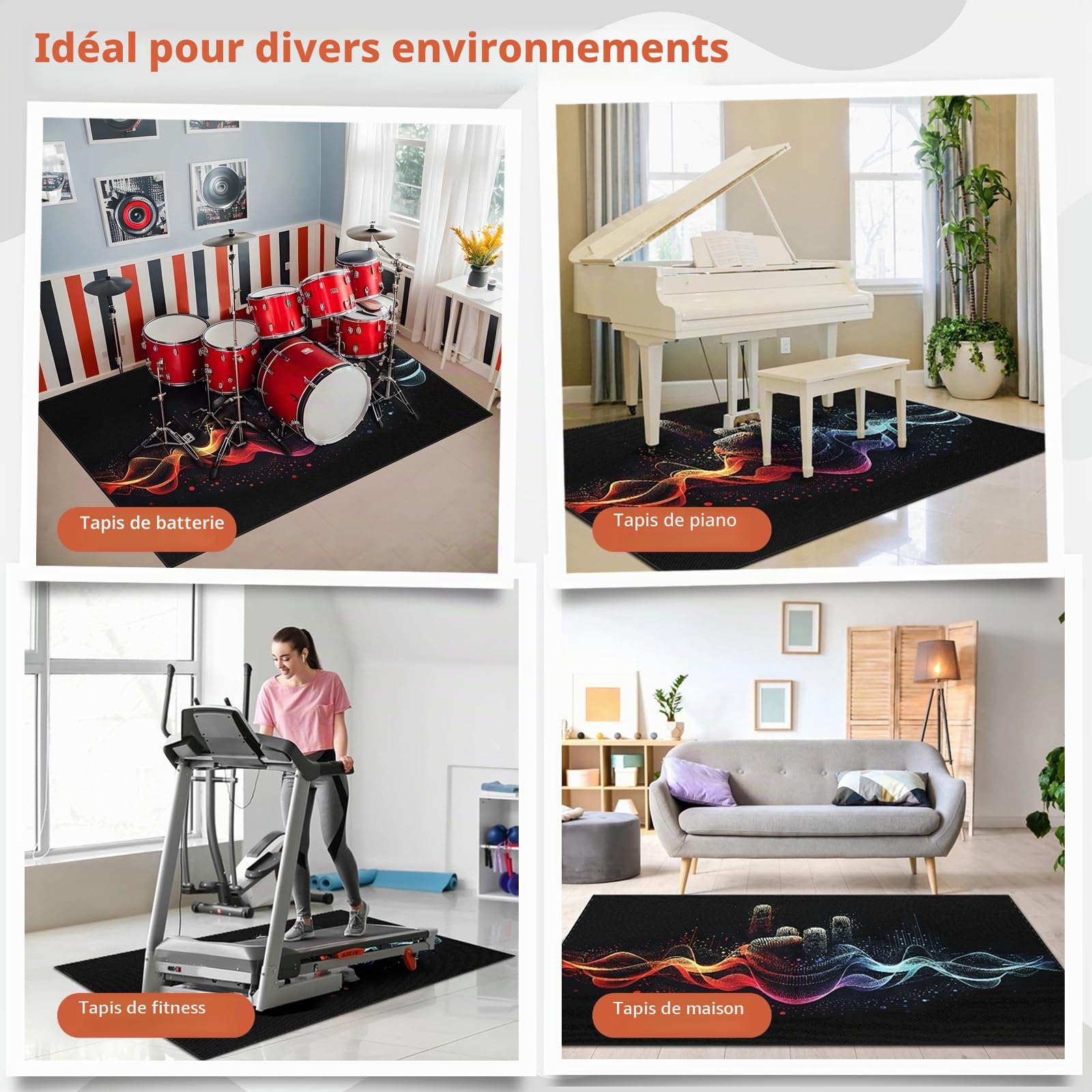 Tapis de batterie 1,5 x 1,5 m avec dos antidérapant, tapis de réduction du bruit, tapis d'insonorisation, accessoires professionnels pour batterie de jazz et