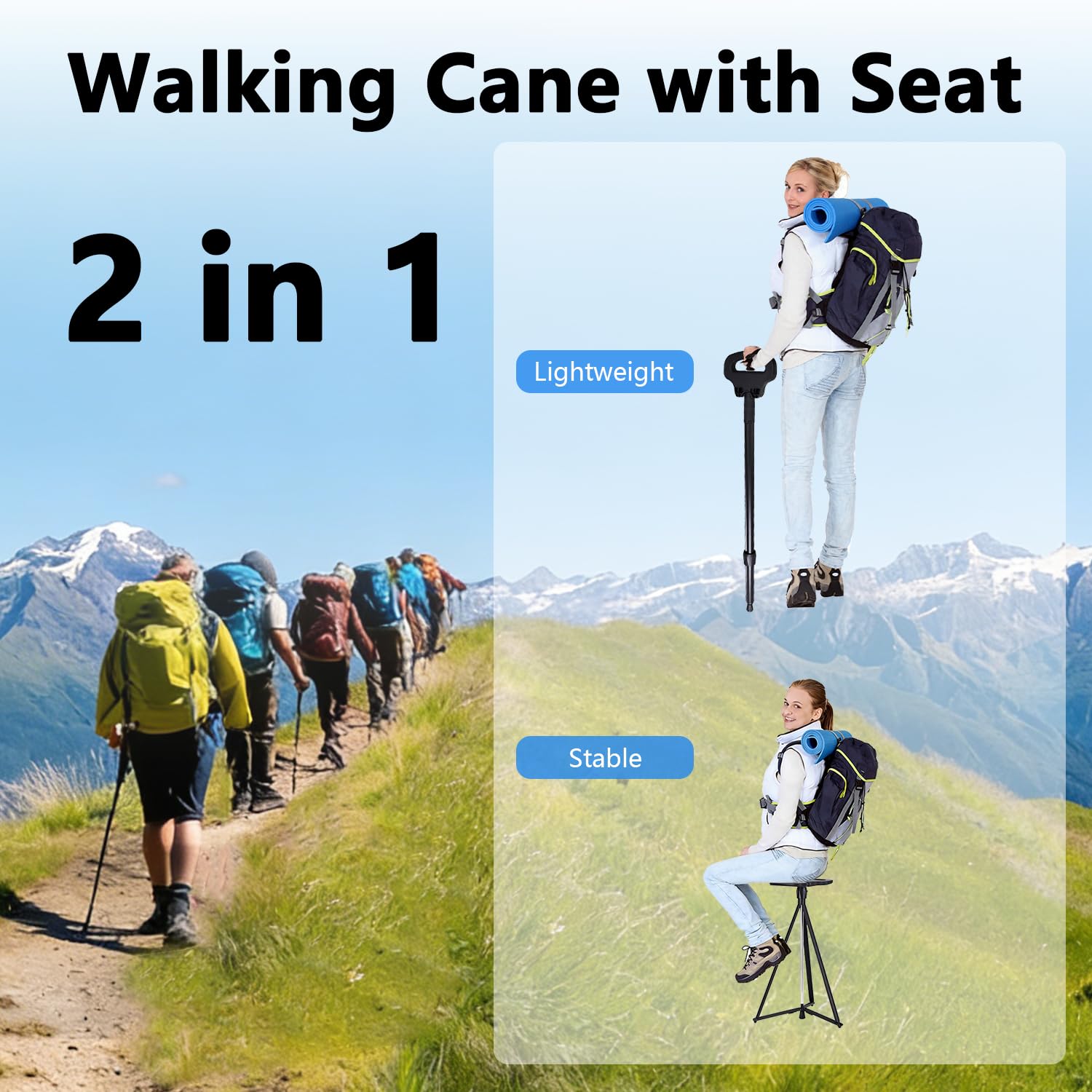 Bastón ajustable en altura con asiento, bastón portátil de aluminio plegable con bolsa de almacenamiento, alfombrilla triangular y alfombrilla de una sola pata, adecuado para adultos y personas