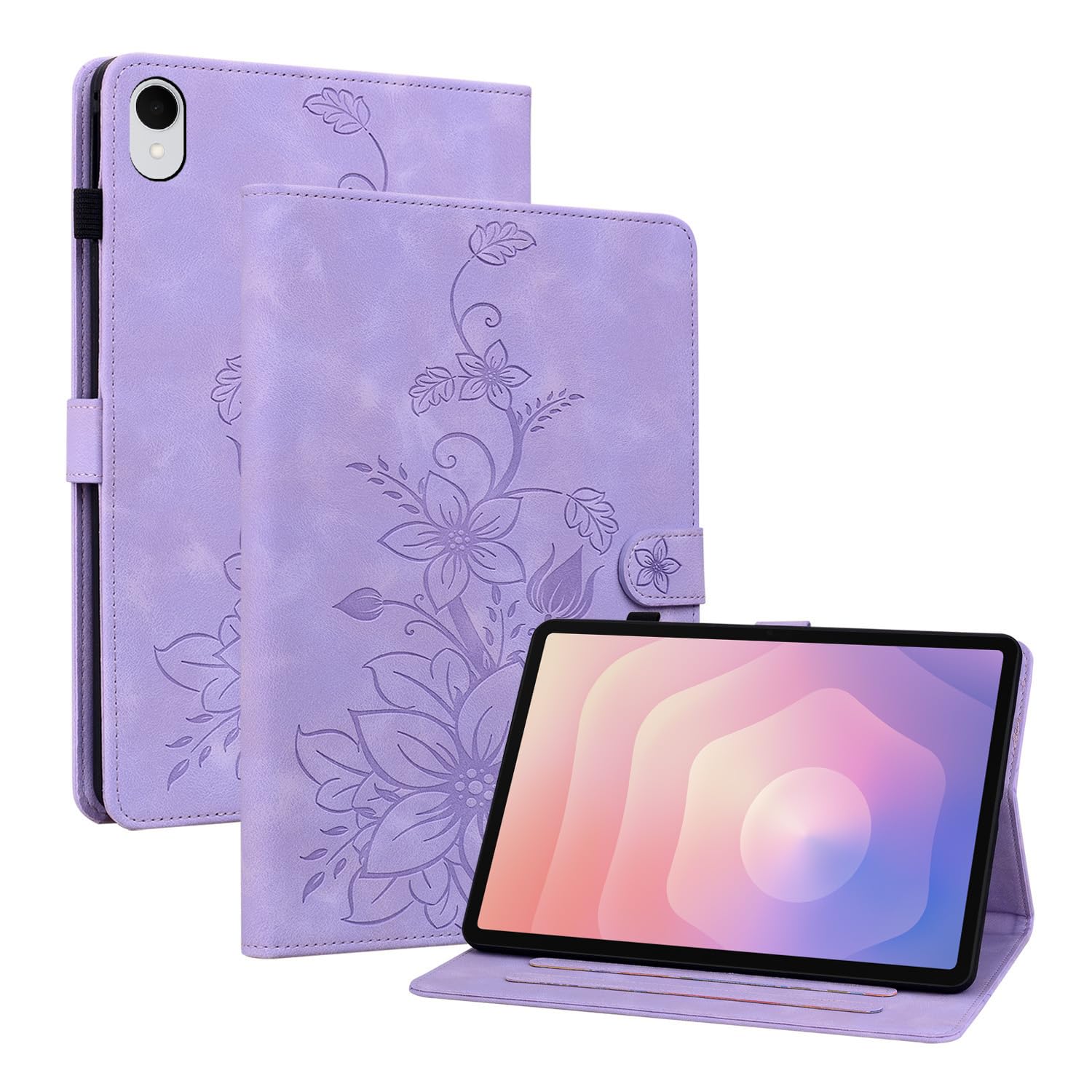 Rosbtib Hülle für Samsung Galaxy Tab S11 2025 Modell SM-X730/X736 11 Zoll, Multi-Winkel Betrachtung Kunstleder Schutzhülle mit Kartenfächer Cover Lilien-Muster, Galaxy Tab S11 Hülle, Lila