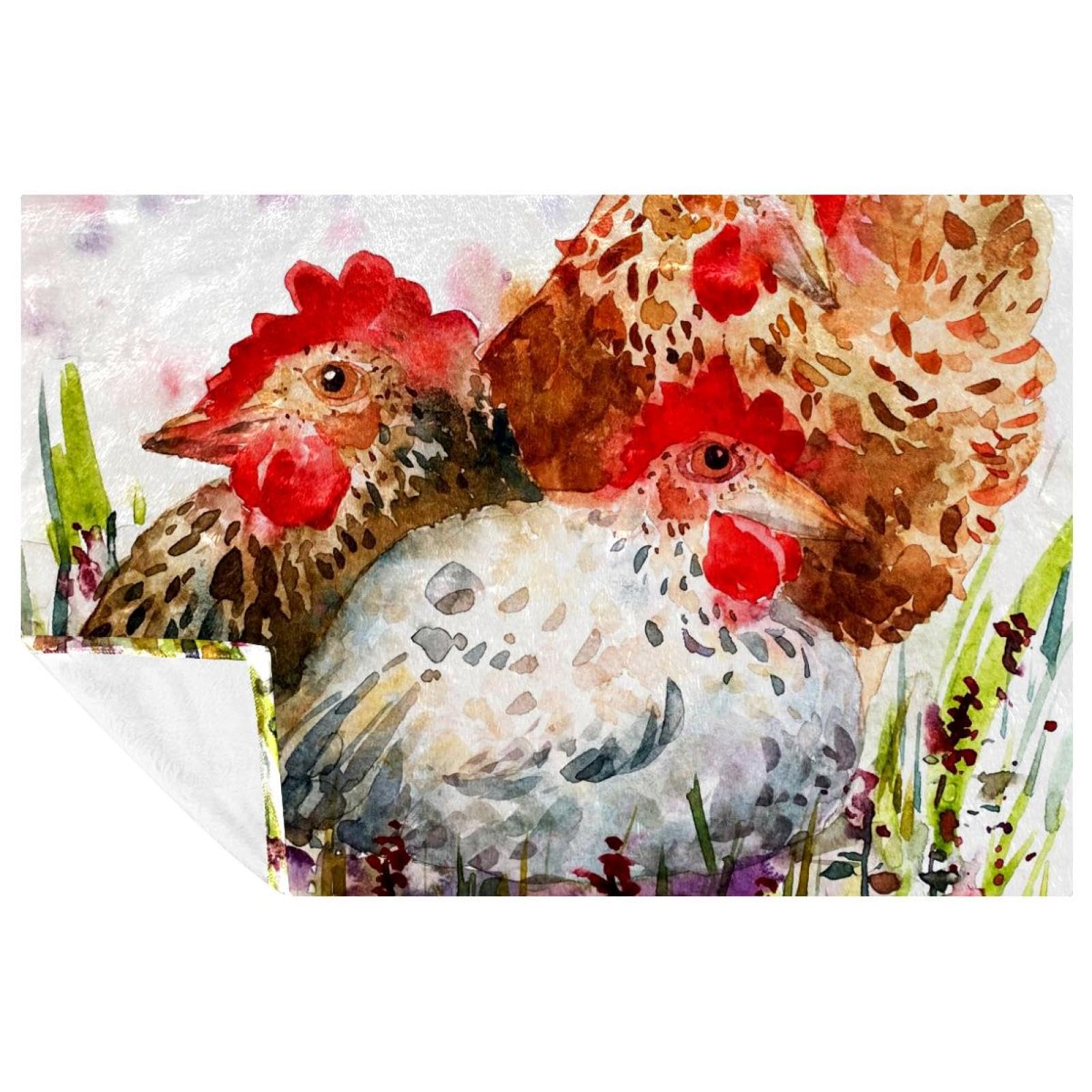 Couverture douce Trois poules dans l'herbe, jeté de canapé artistique