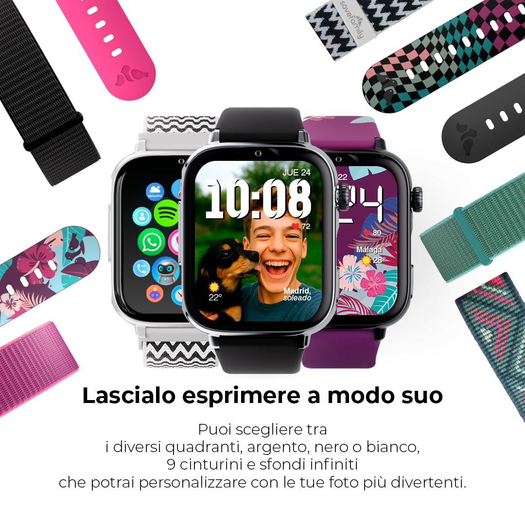 SaveFamily SaveWatch Plus 2 | Smartwatch per Bambini con Localizzatore GPS, Chiamate, Video, WhatsApp, Spotify, App Store - Quadrante Nero e Cinturino in Silicone Nero